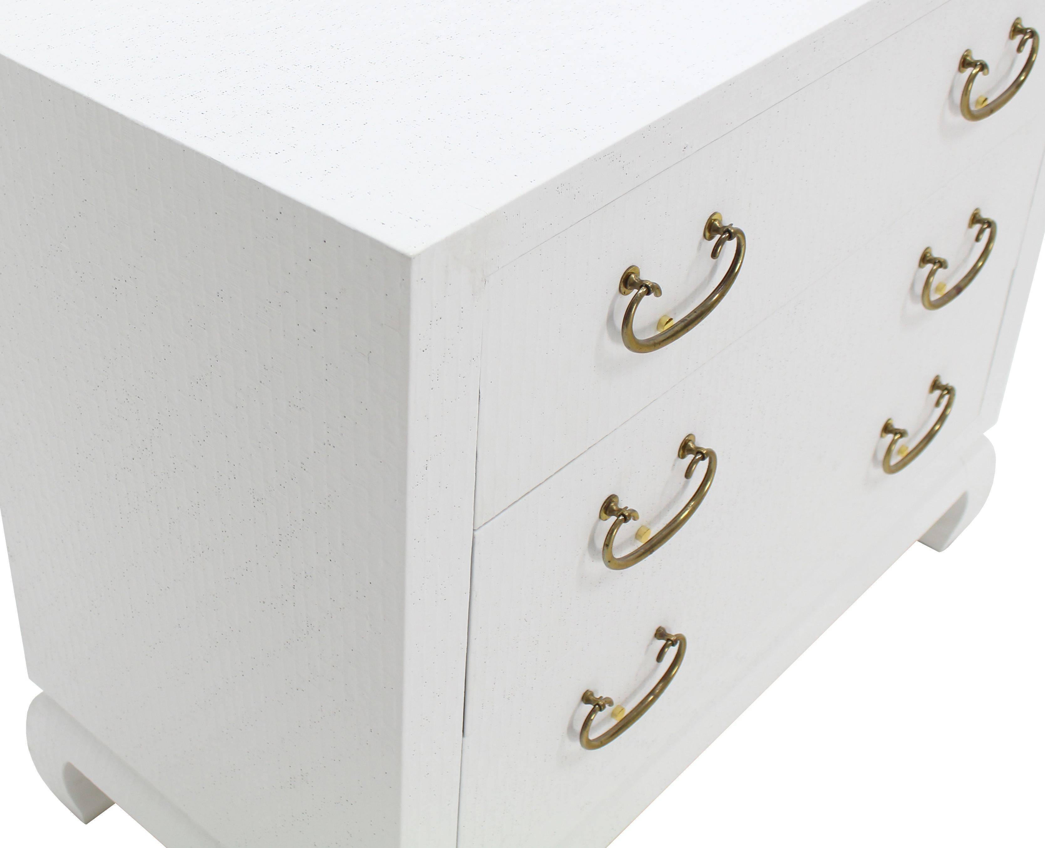 Baker Three-Drawer White Lacquer Cloth Cabinet Brass Pulls 1