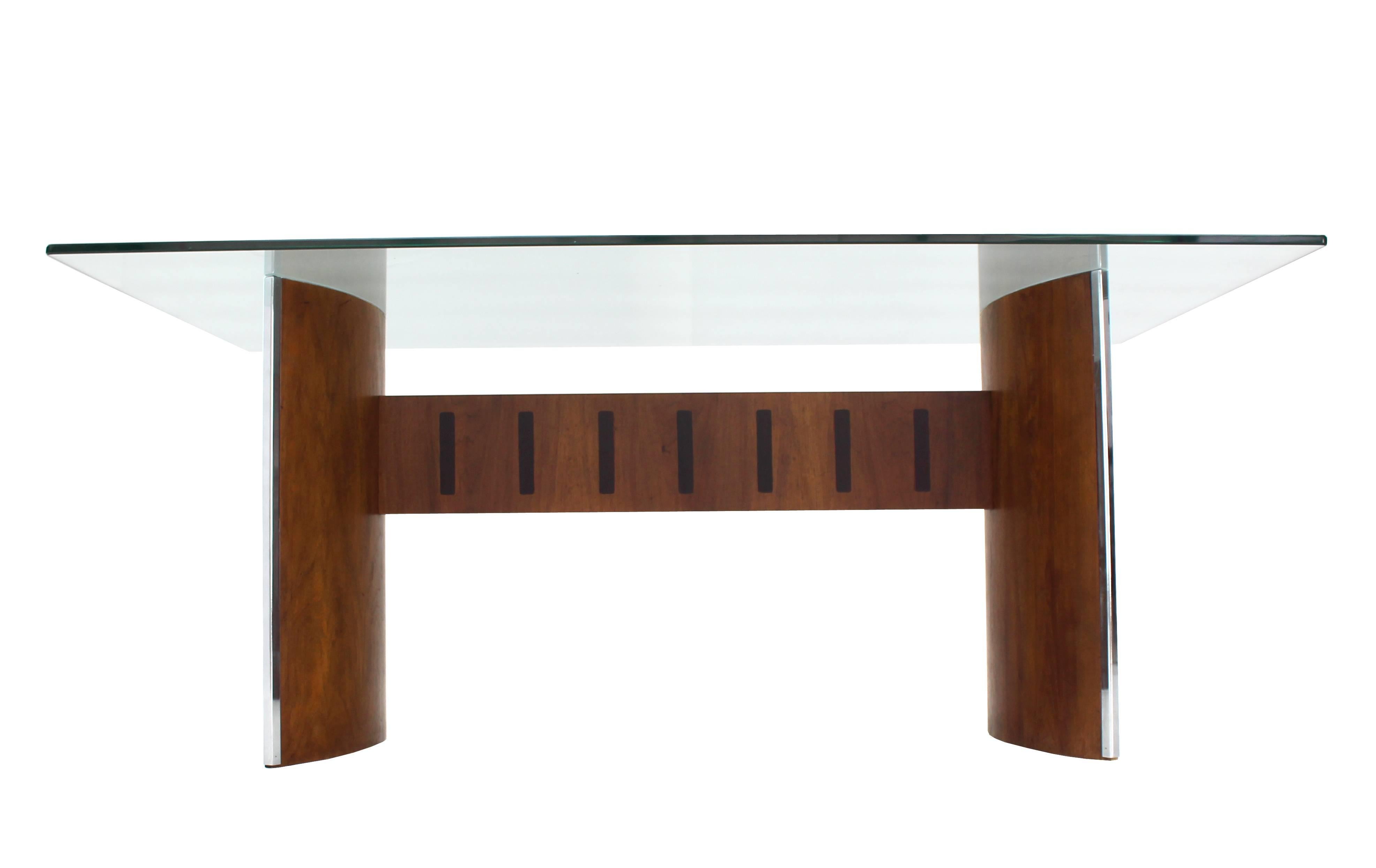 20th Century Glass Top Curved Walnut Base Dining Table