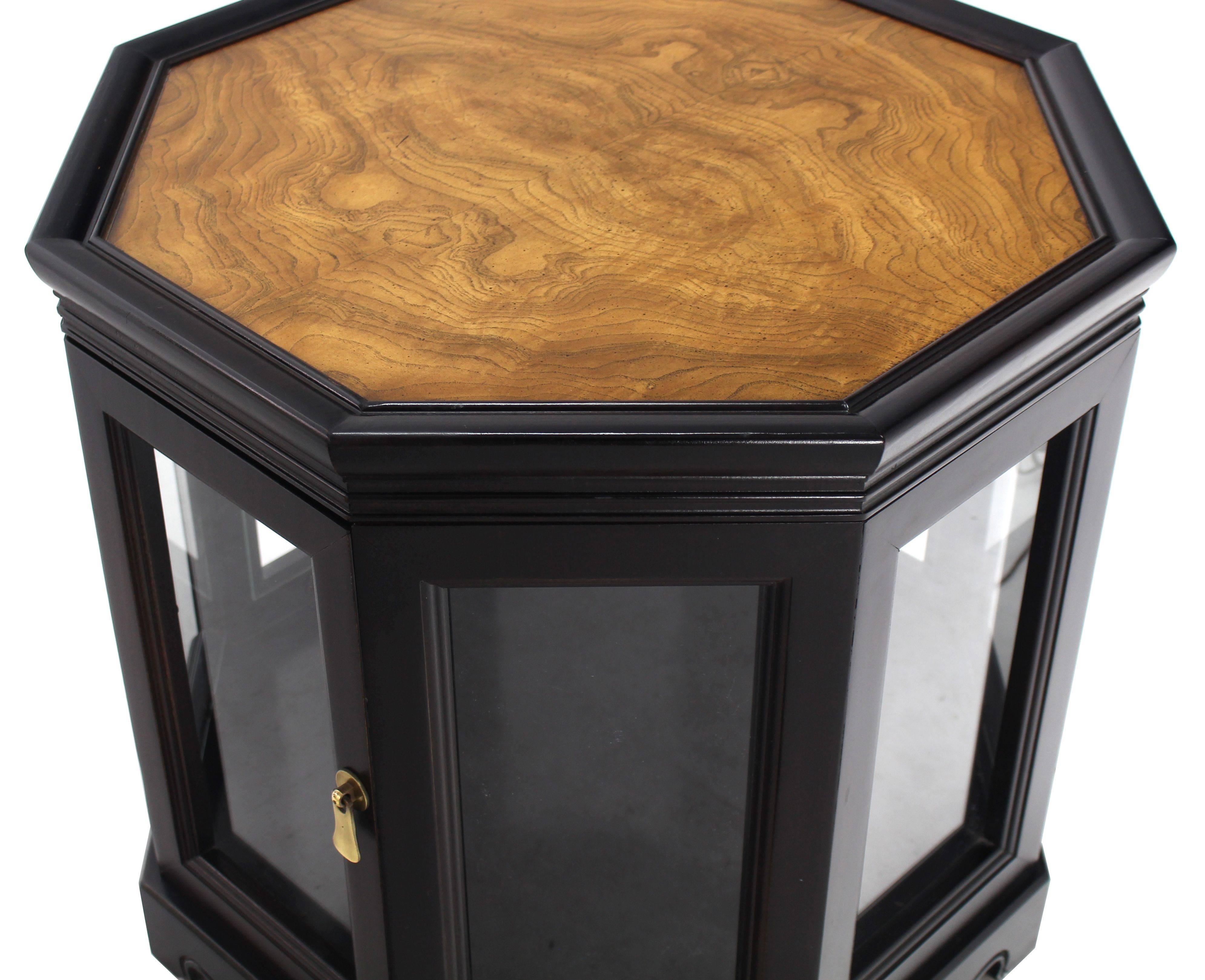 Mid-Century Modern Octagonal Black with Burl Wood Top Cabinet Side Table For Sale