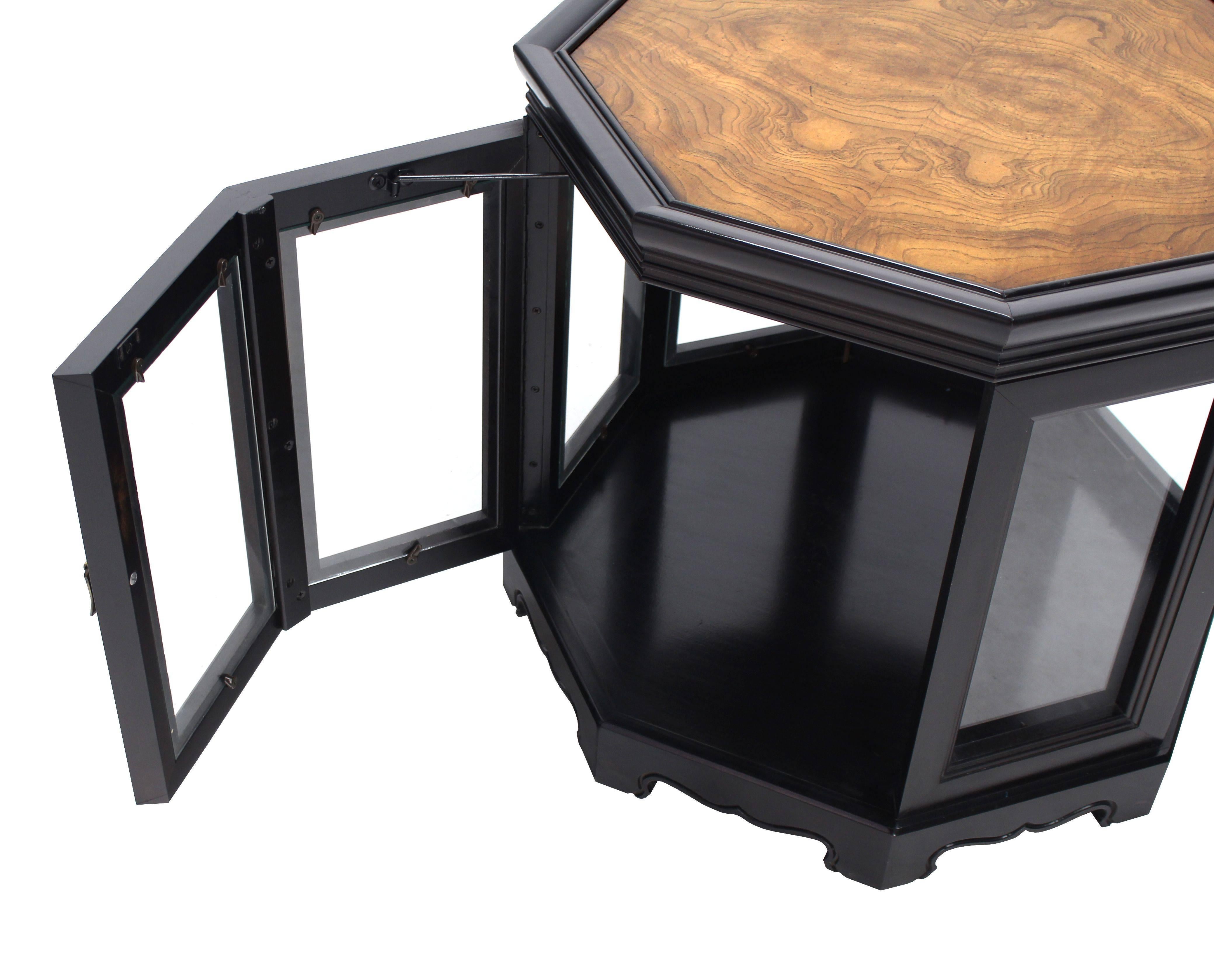 Lacquered Octagonal Black with Burl Wood Top Cabinet Side Table For Sale