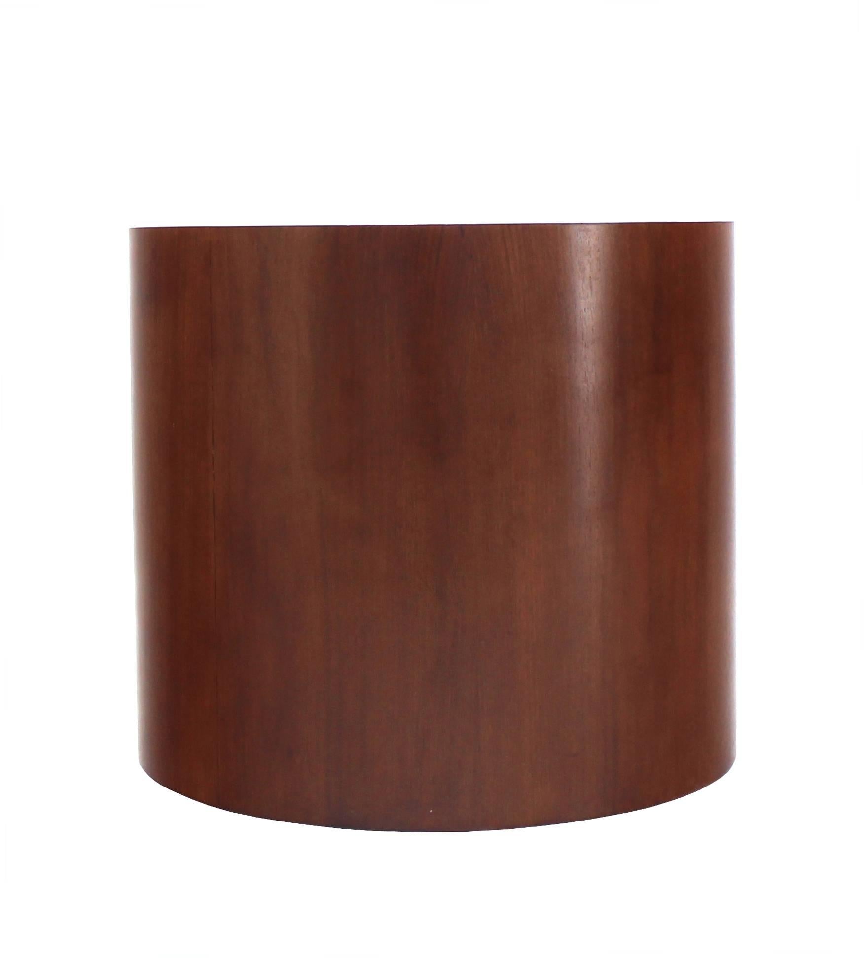 Pair of Walnut Round Drum Shape End Tables Pedestals 1