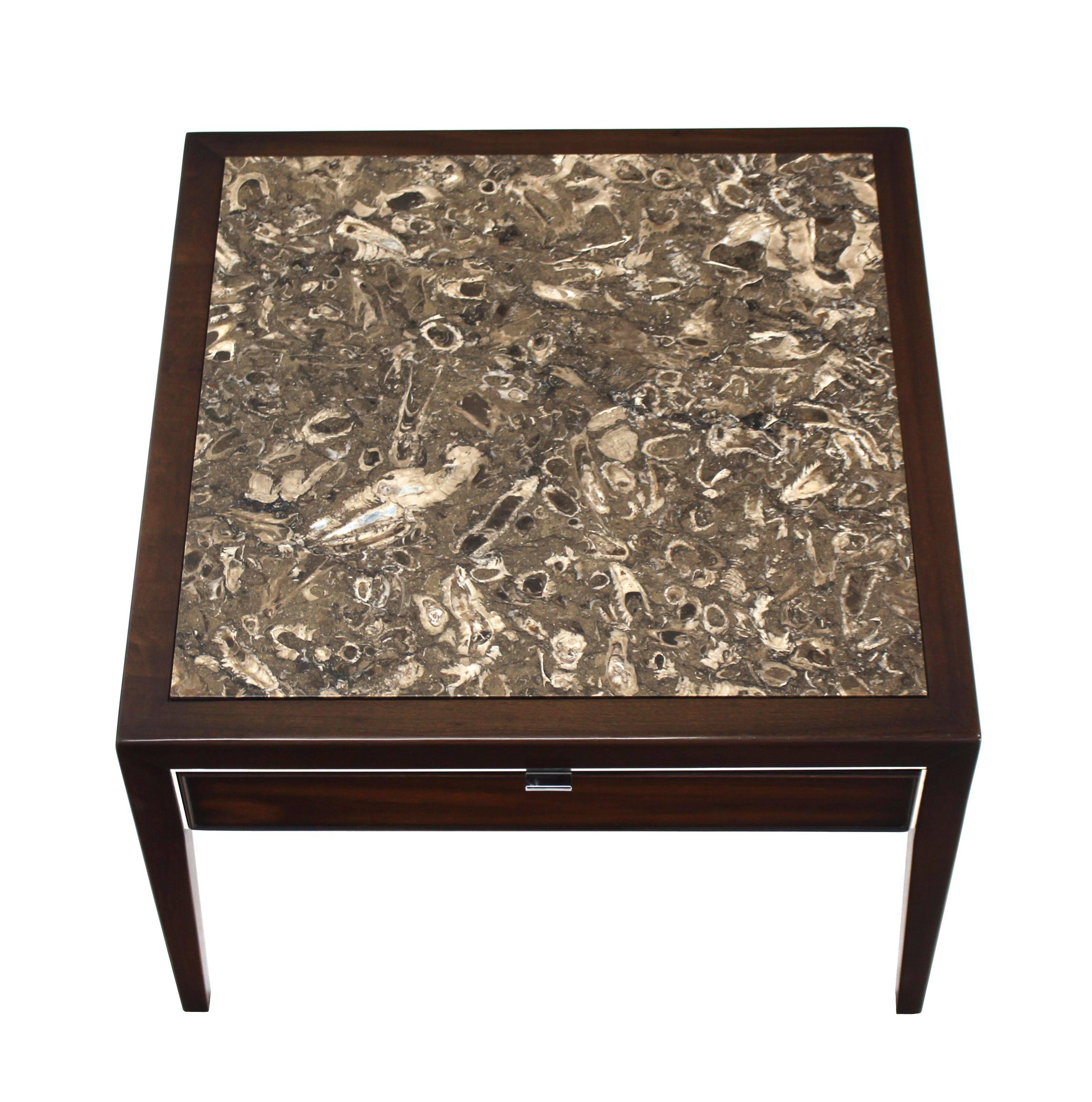 Mid-Century Modern Square Marble-Top Walnut One Drawer Side Table