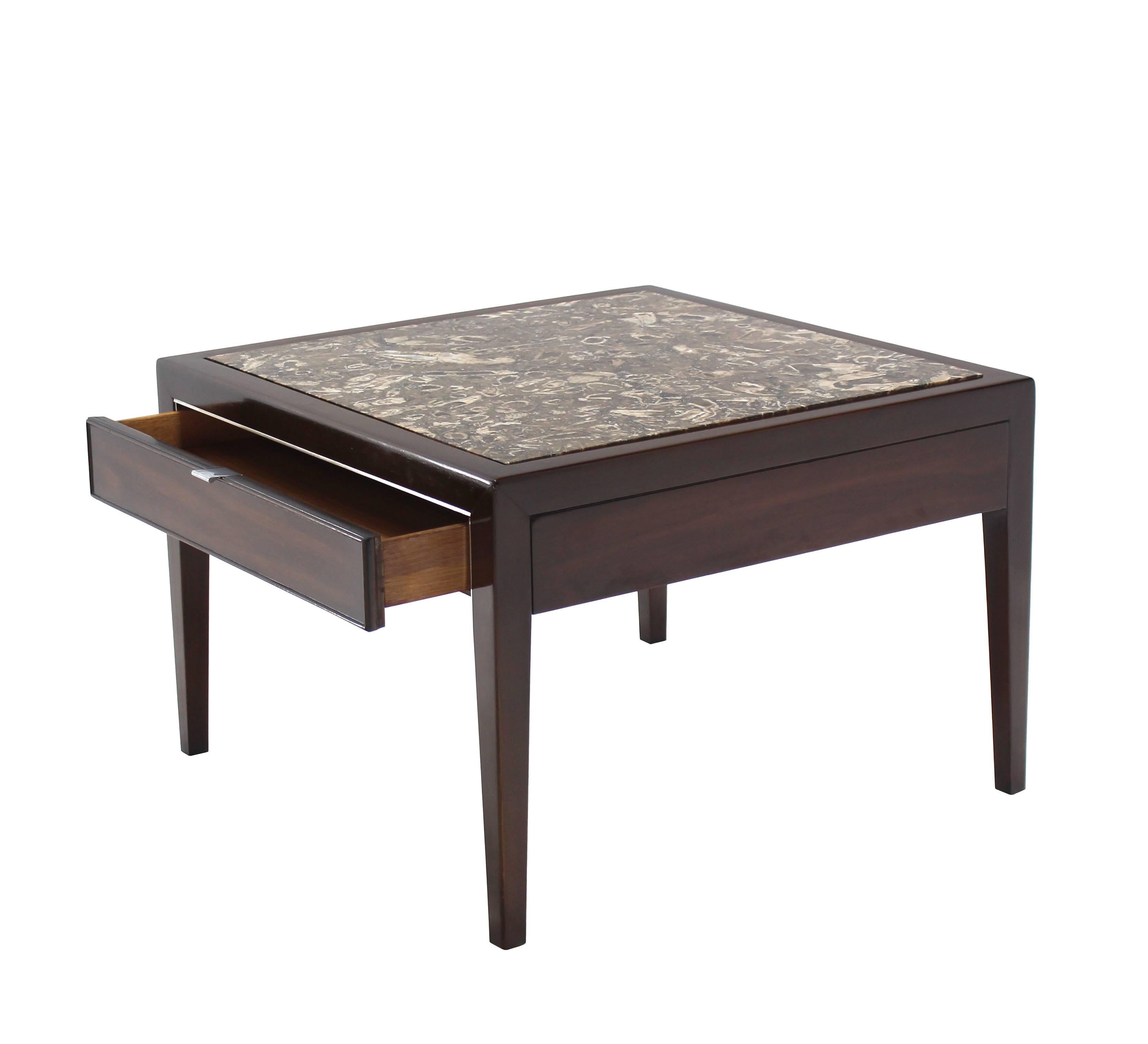 American Square Marble-Top Walnut One Drawer Side Table
