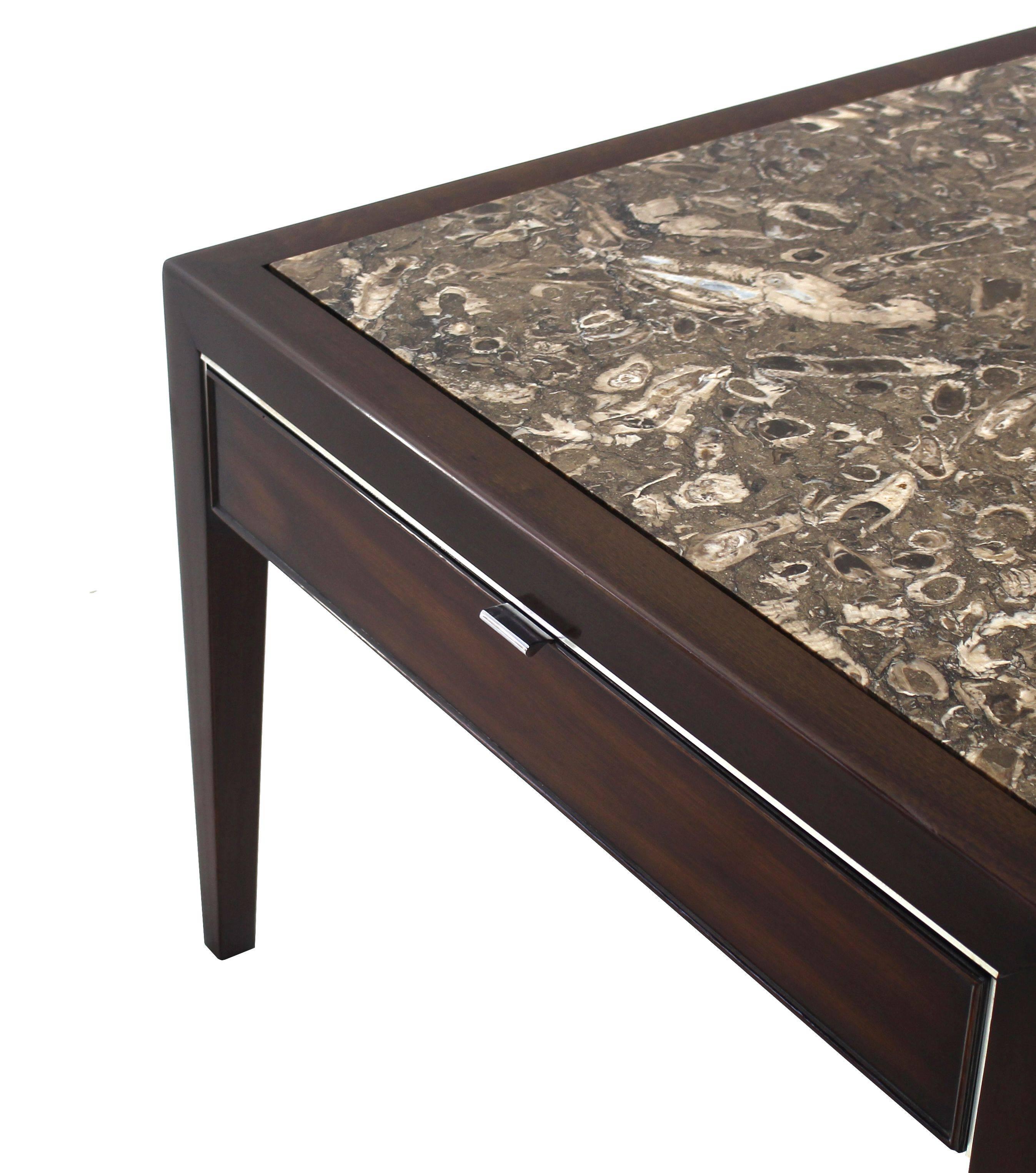 20th Century Square Marble-Top Walnut One Drawer Side Table