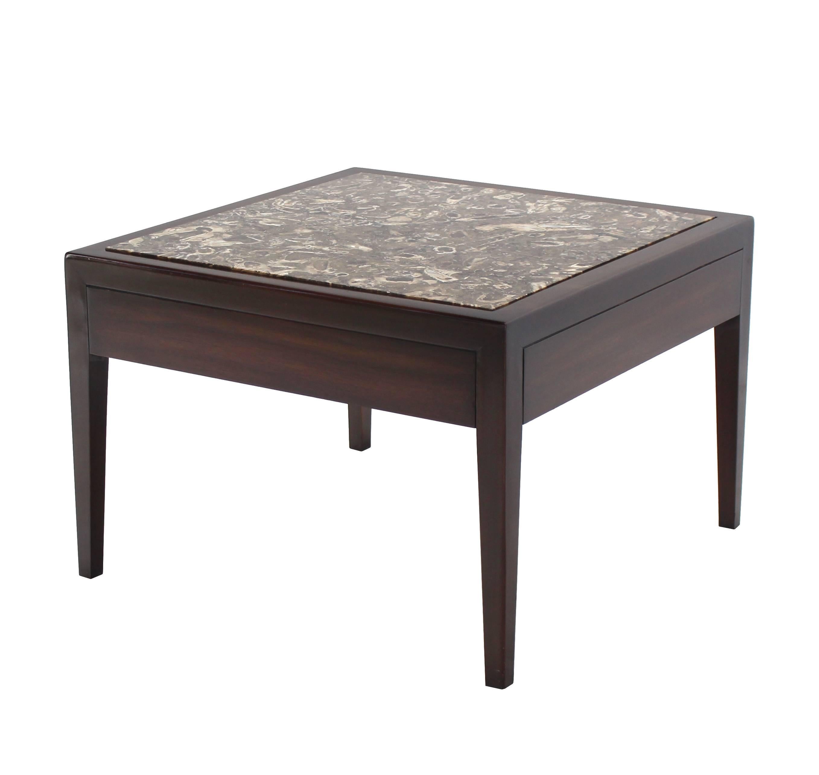 Square Marble-Top Walnut One Drawer Side Table 2