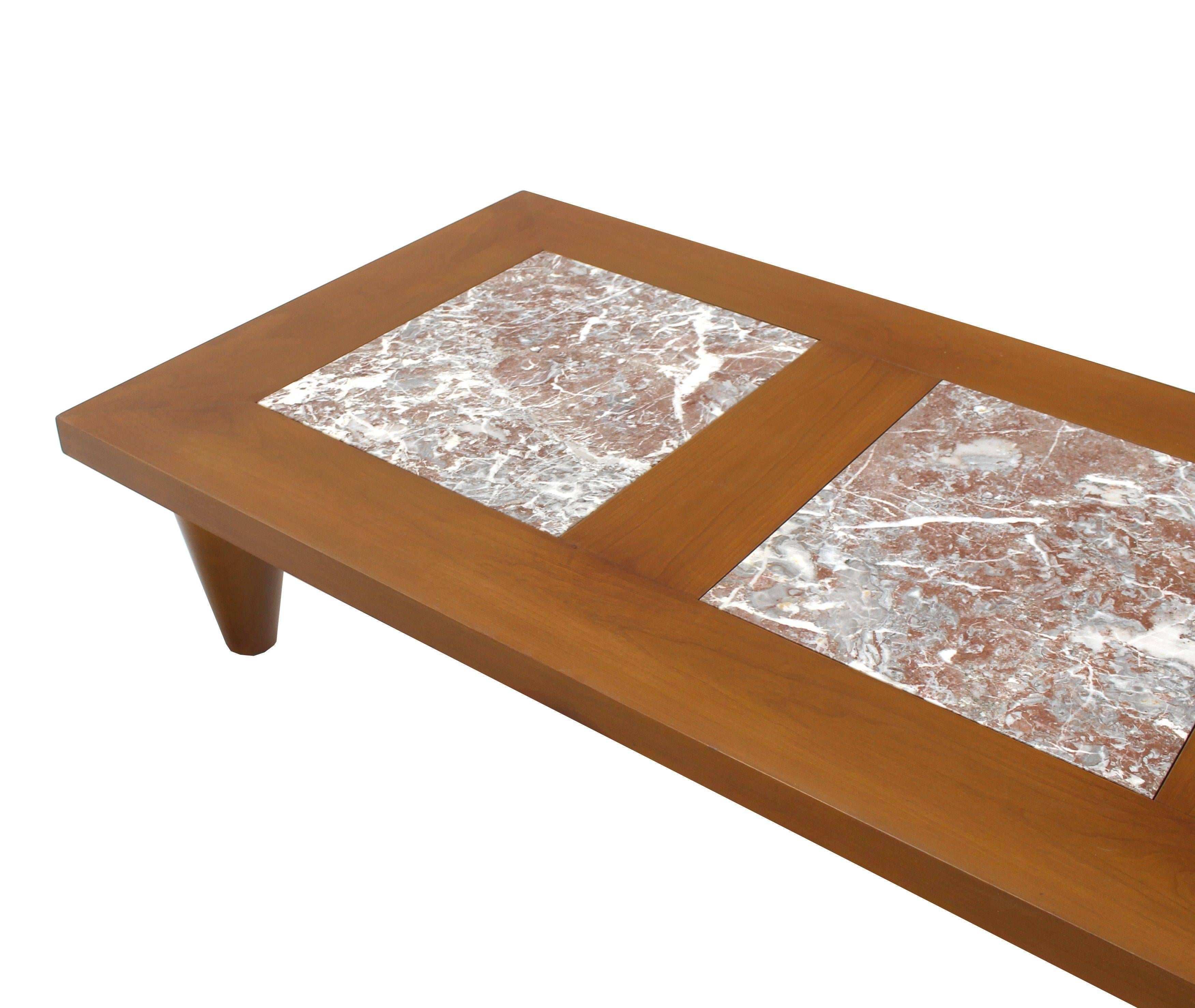 Large Rectangular Coffee Table on Heavy Legs with Marble Inserts In Excellent Condition In Rockaway, NJ