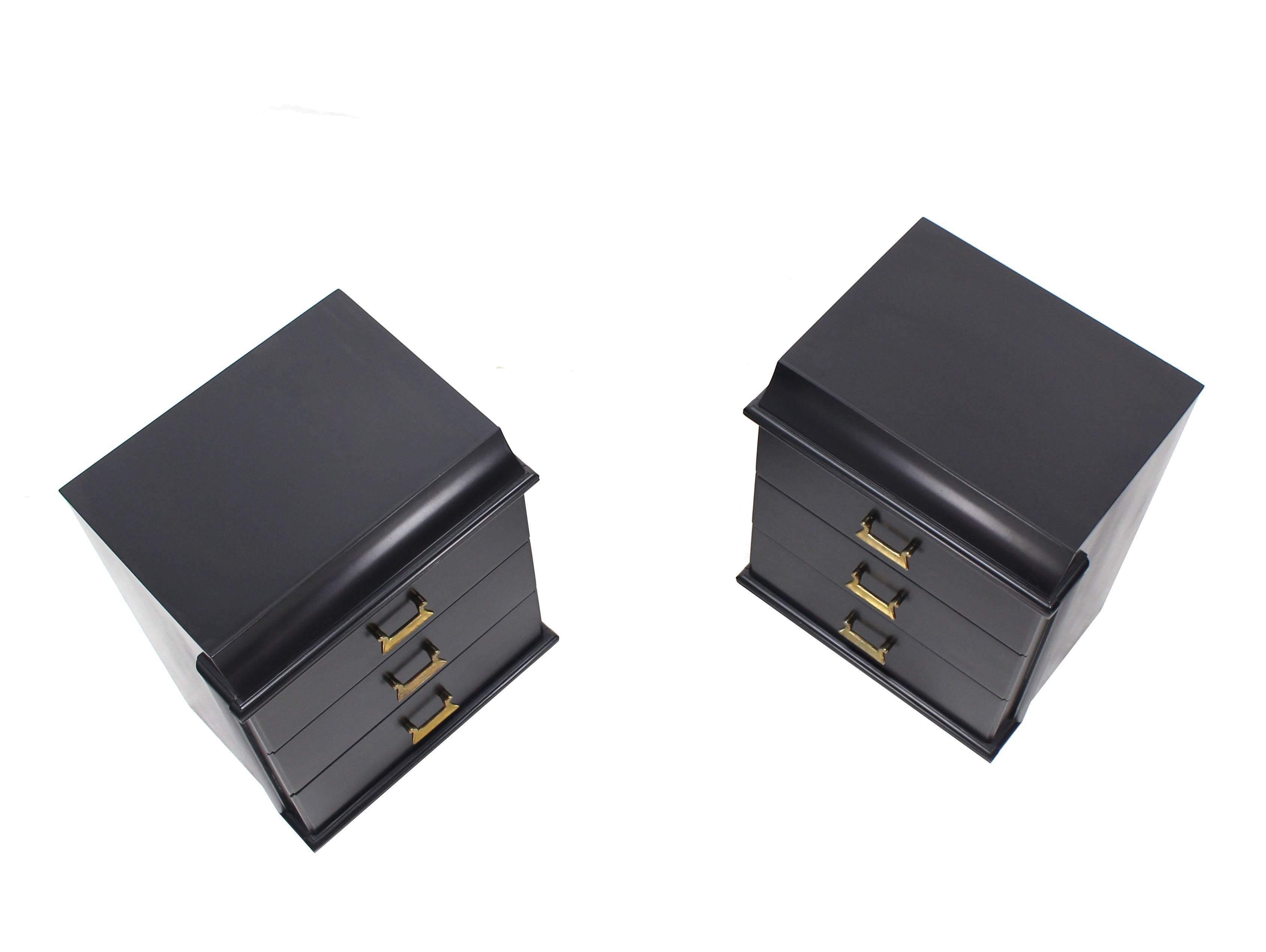 Pair of very nice Mid-Century Modern ebonized three drawers nightstands or end tables.
