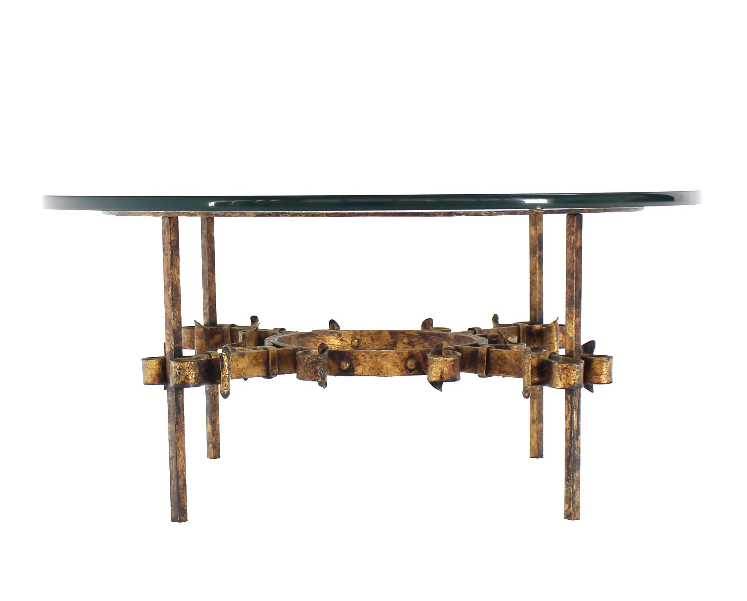 Mid-Century Modern Gilded Wrought Iron Base Round Coffee Table