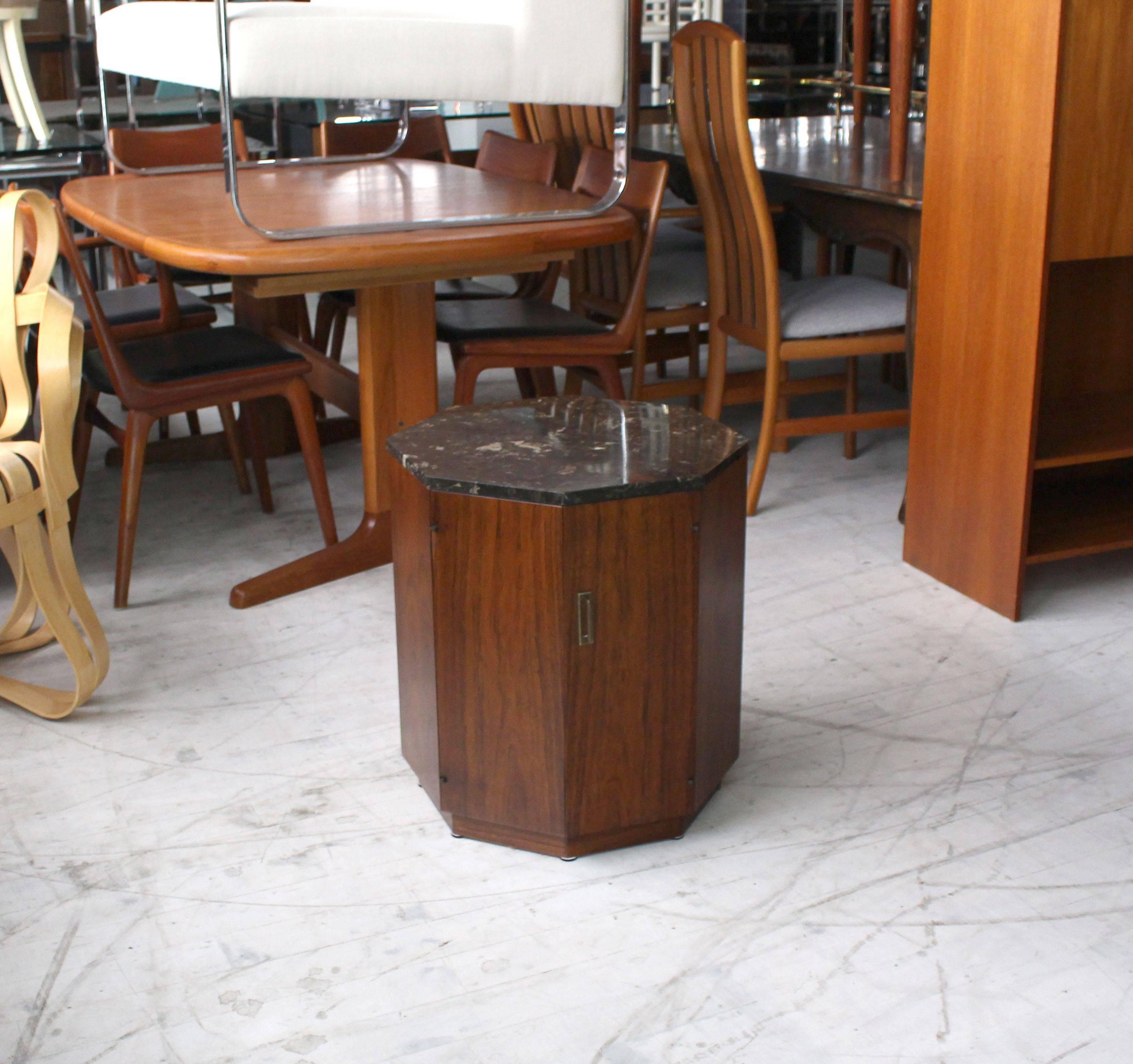 Very nice octagon shape walnut side end table with marble top and storage compartment.