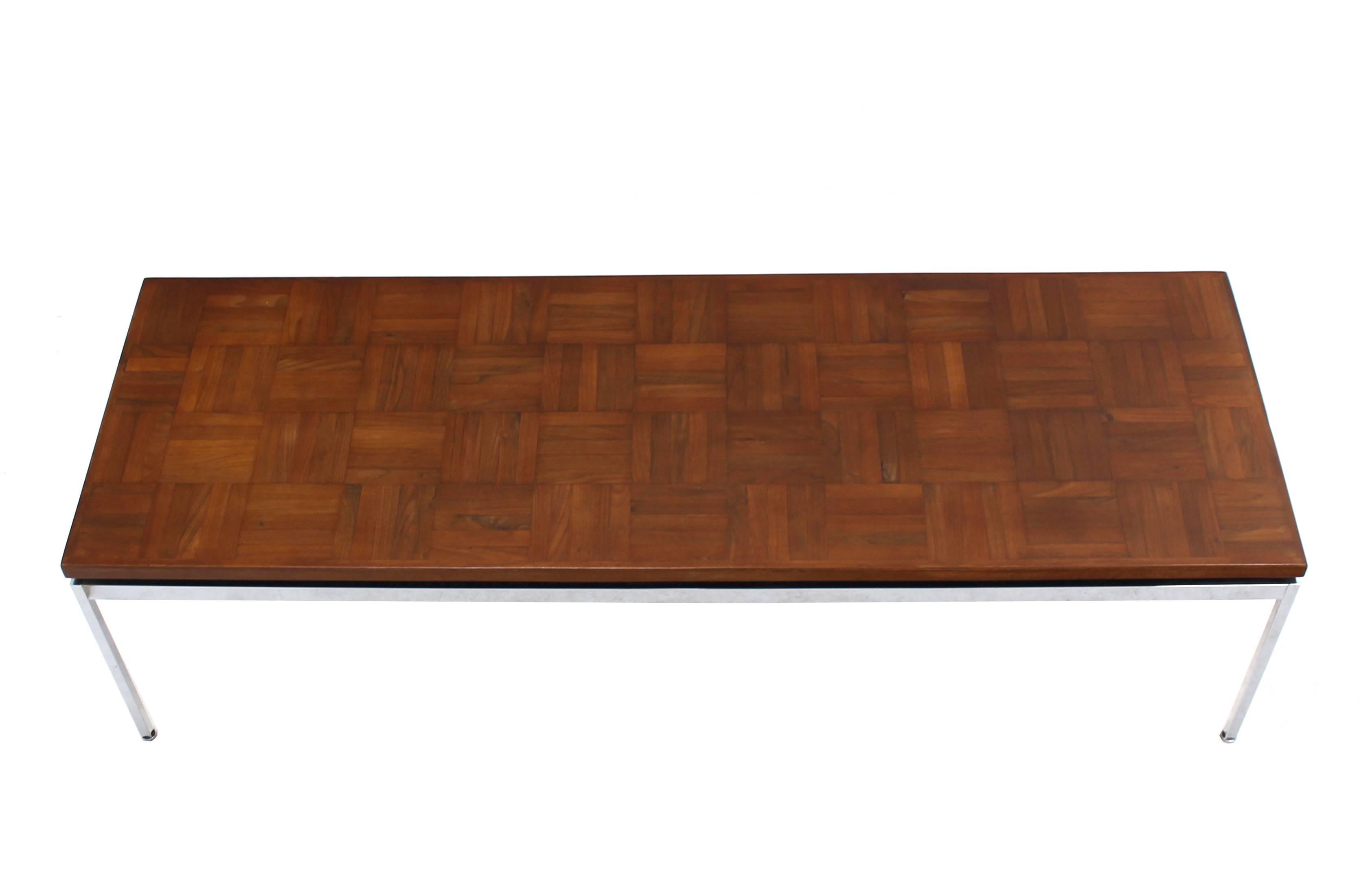 American Solid Stainless Steel Heavy Base Rectangular Coffee Table with Parquet Top For Sale