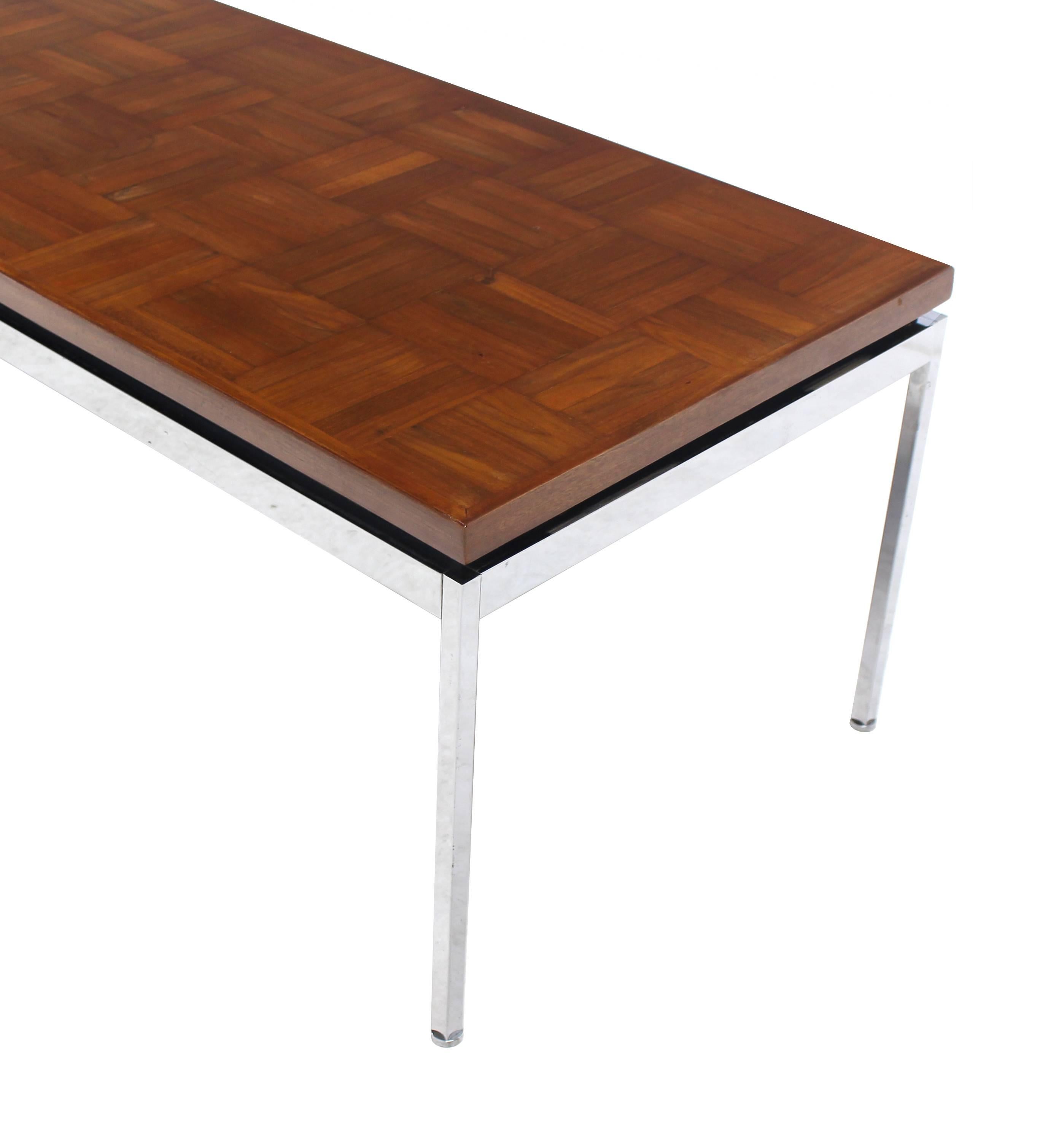Solid Stainless Steel Heavy Base Rectangular Coffee Table with Parquet Top For Sale 1