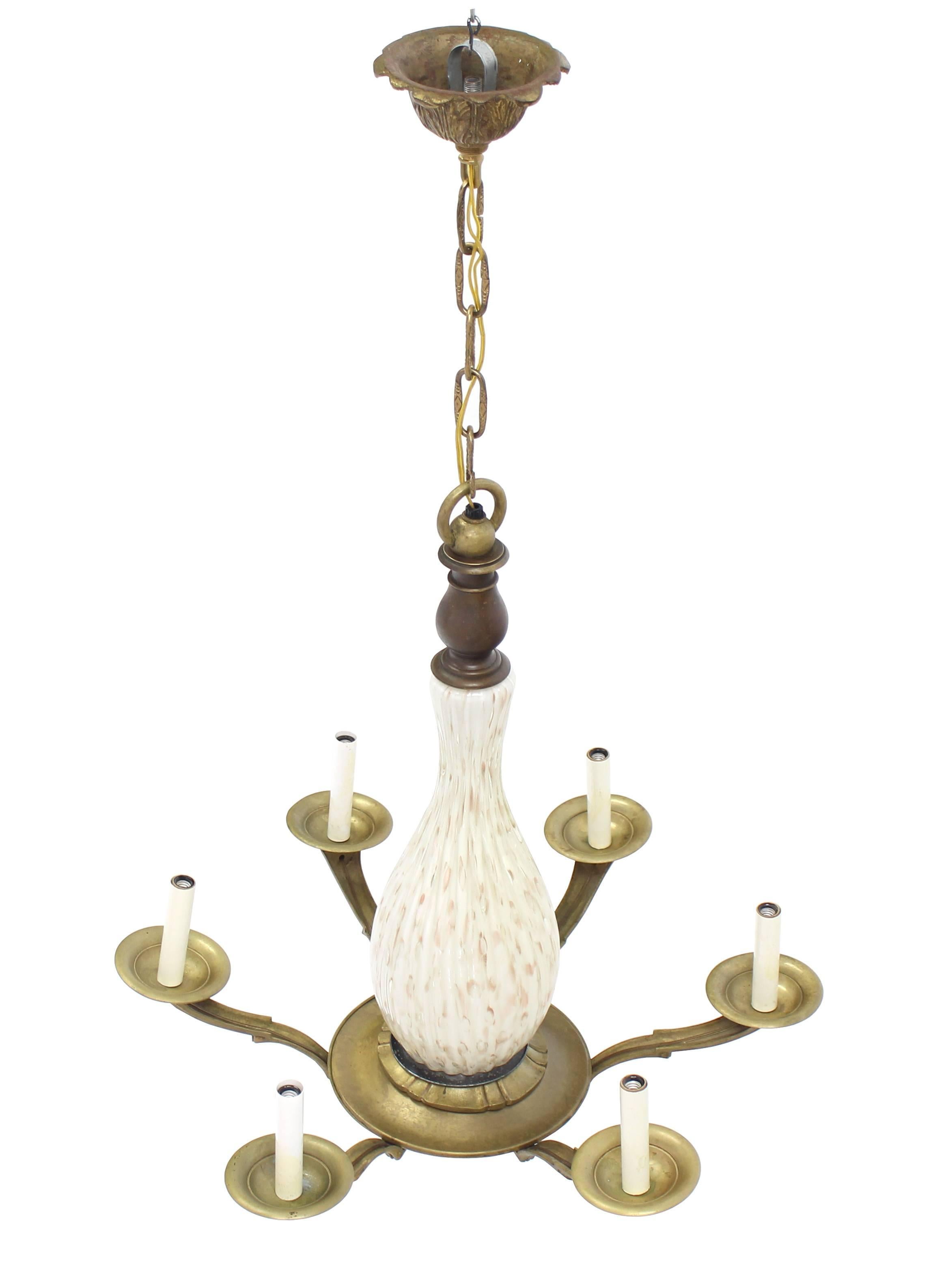 Mid-Century Modern Brass and Murano Glass 6 Arms Light Fixture Chandelier For Sale