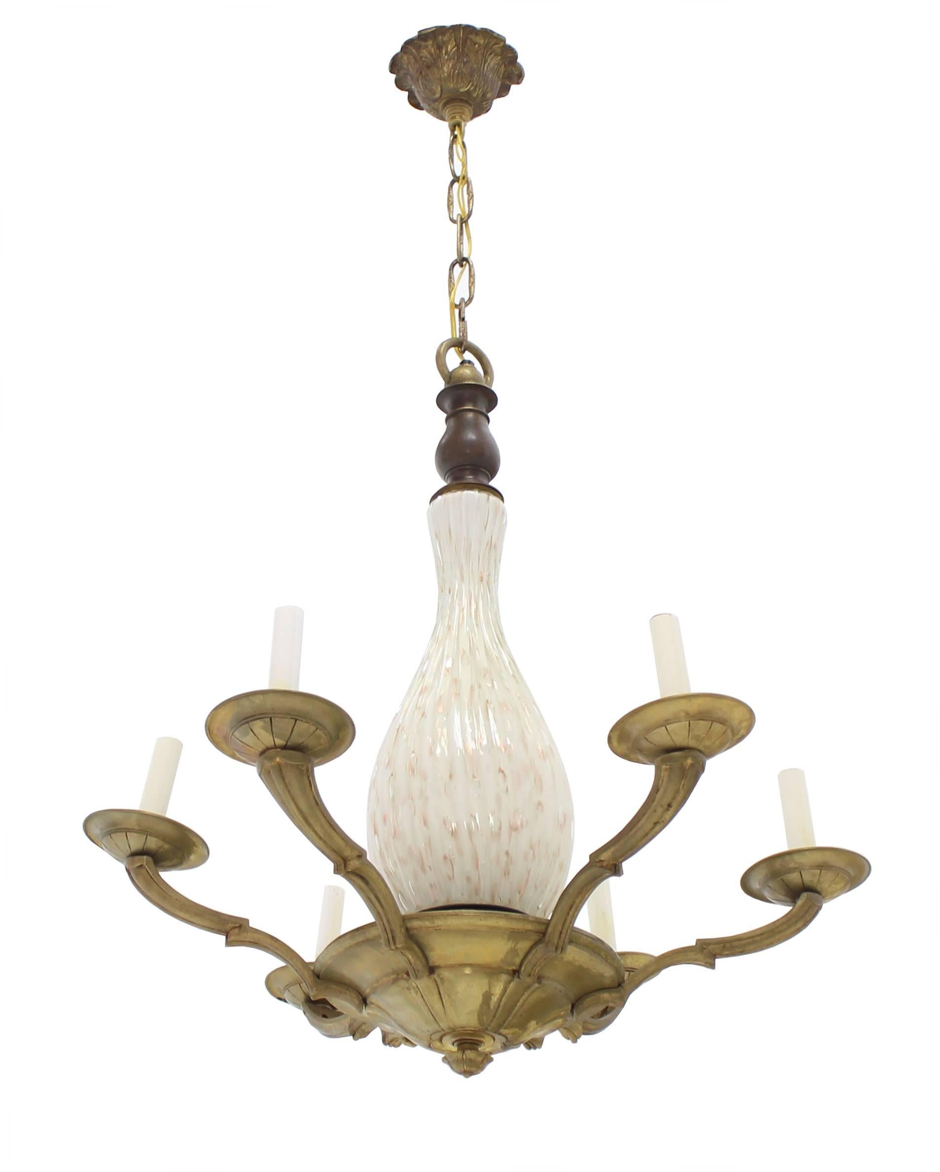 American Brass and Murano Glass 6 Arms Light Fixture Chandelier For Sale