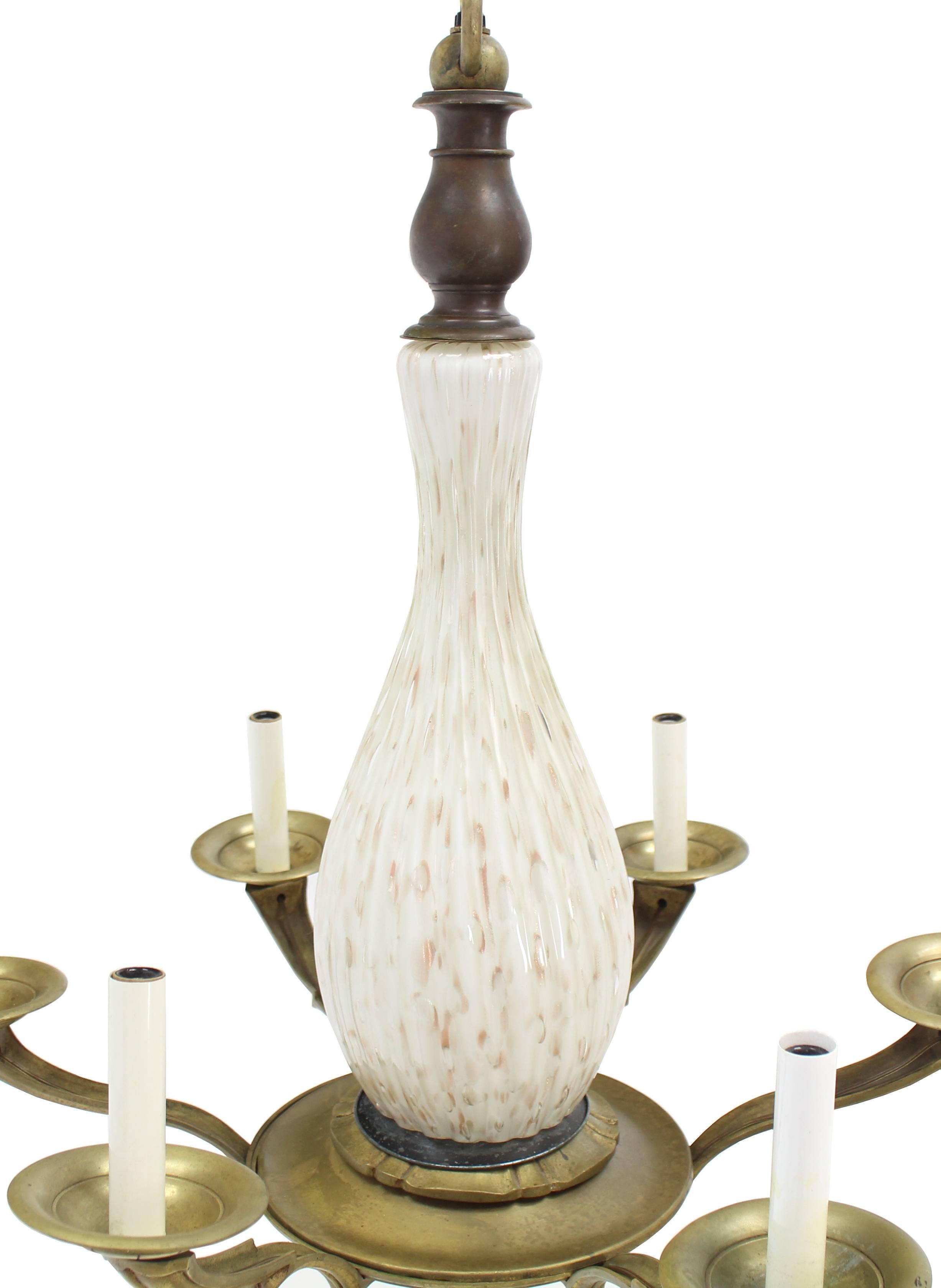 20th Century Brass and Murano Glass 6 Arms Light Fixture Chandelier For Sale
