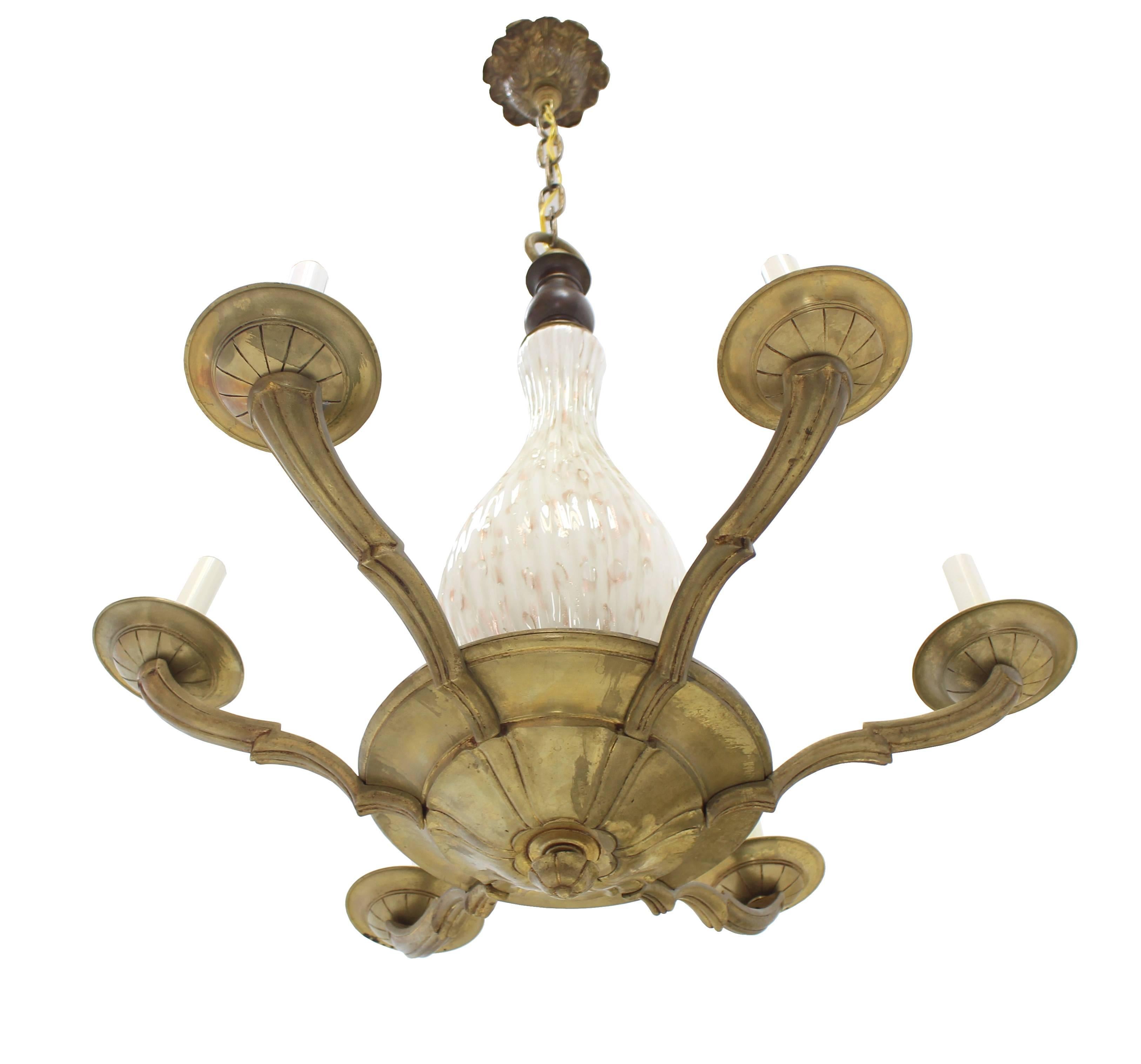 Brass and Murano Glass 6 Arms Light Fixture Chandelier For Sale 1