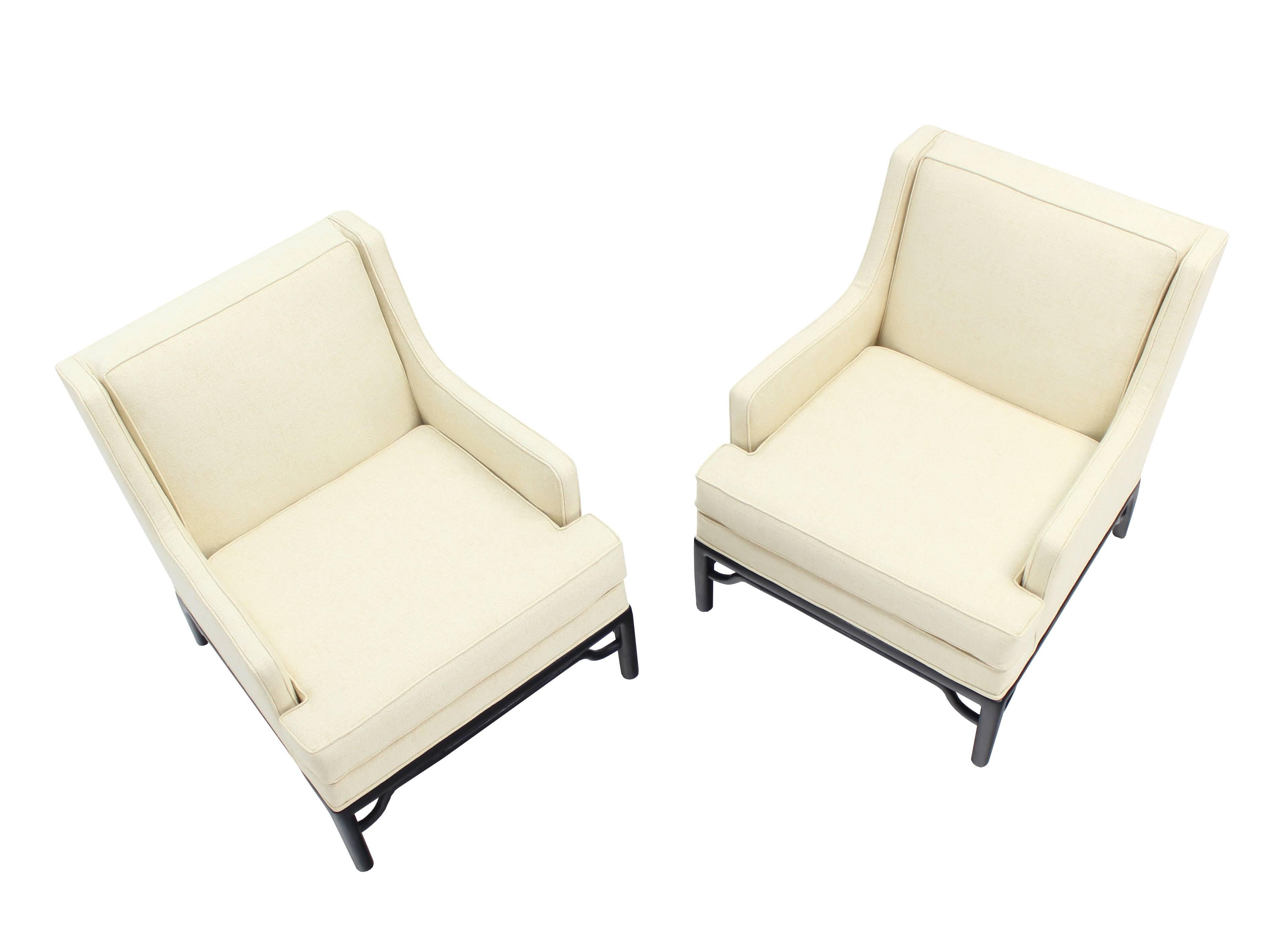 Mid-Century Modern Pair of New Upholstery Faux Bamboo Ebonized Bases Lounge Chairs