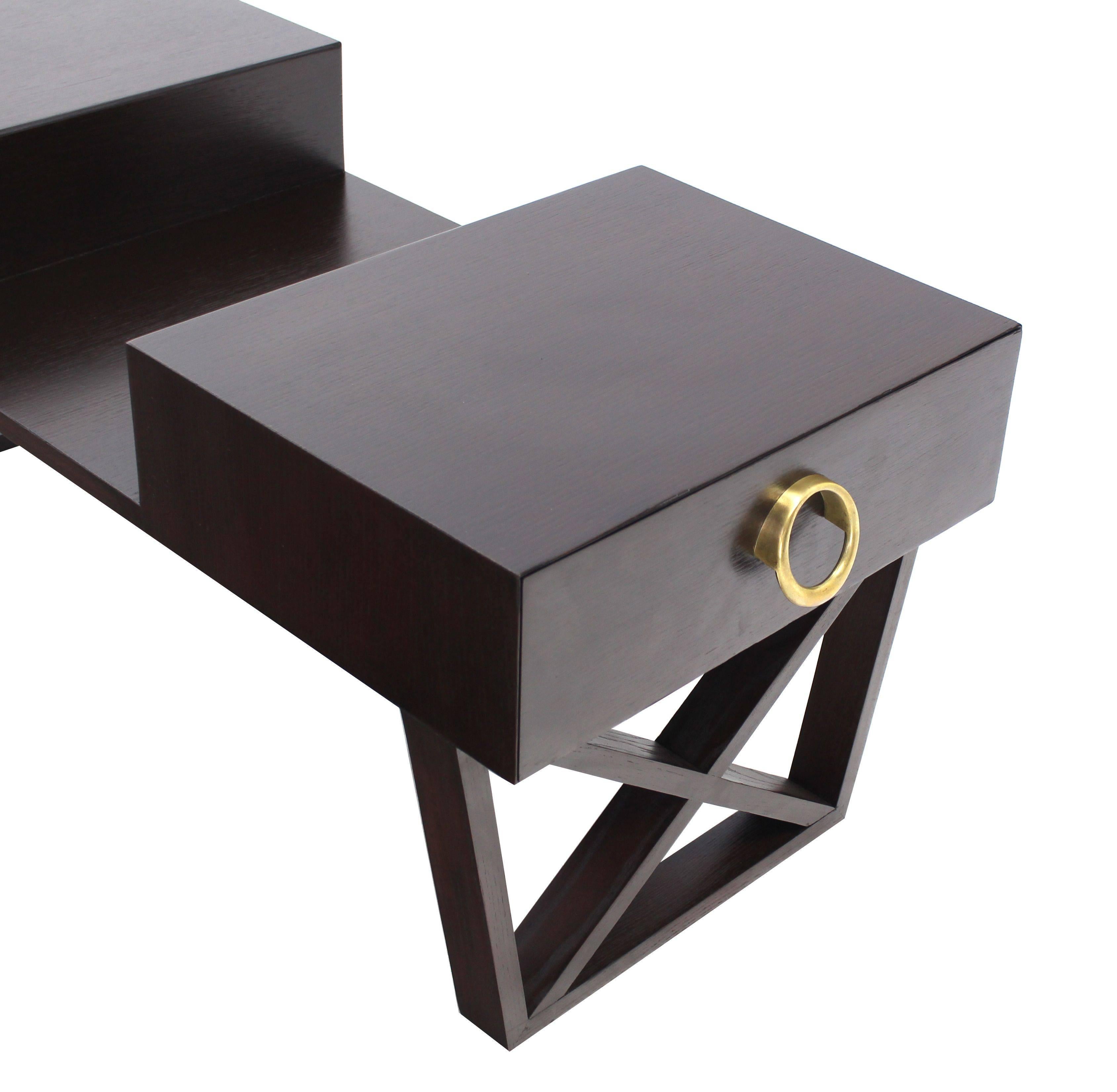 Lacquered Bi Level Coffee Table with Two Side Drawers Storage in Espresso Finish For Sale