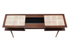 Two-Tier Walnut Sofa Table with Tile Top and Planter