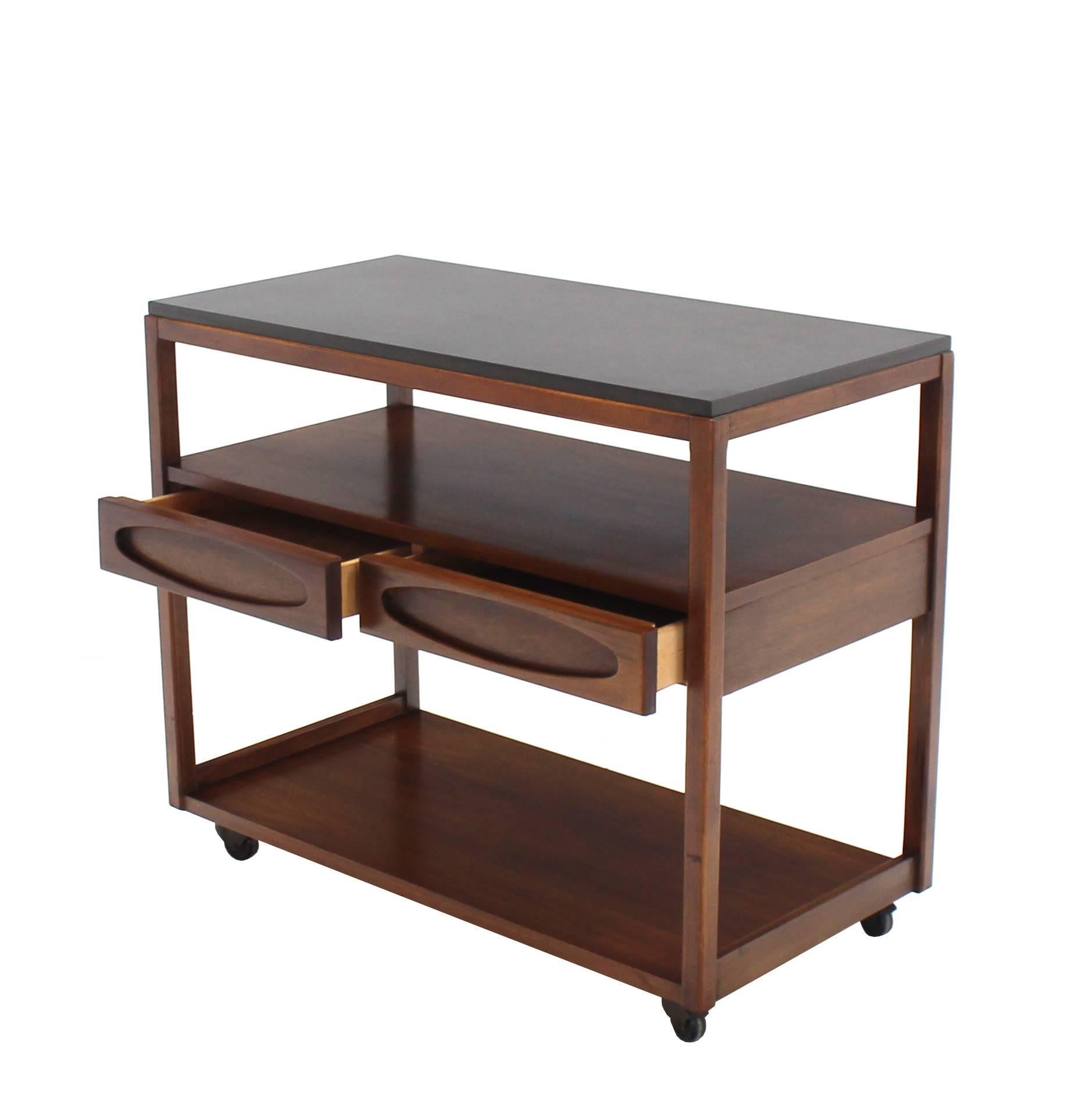 Three-Tier Walnut Serving Cart Server on Wheels In Excellent Condition In Rockaway, NJ