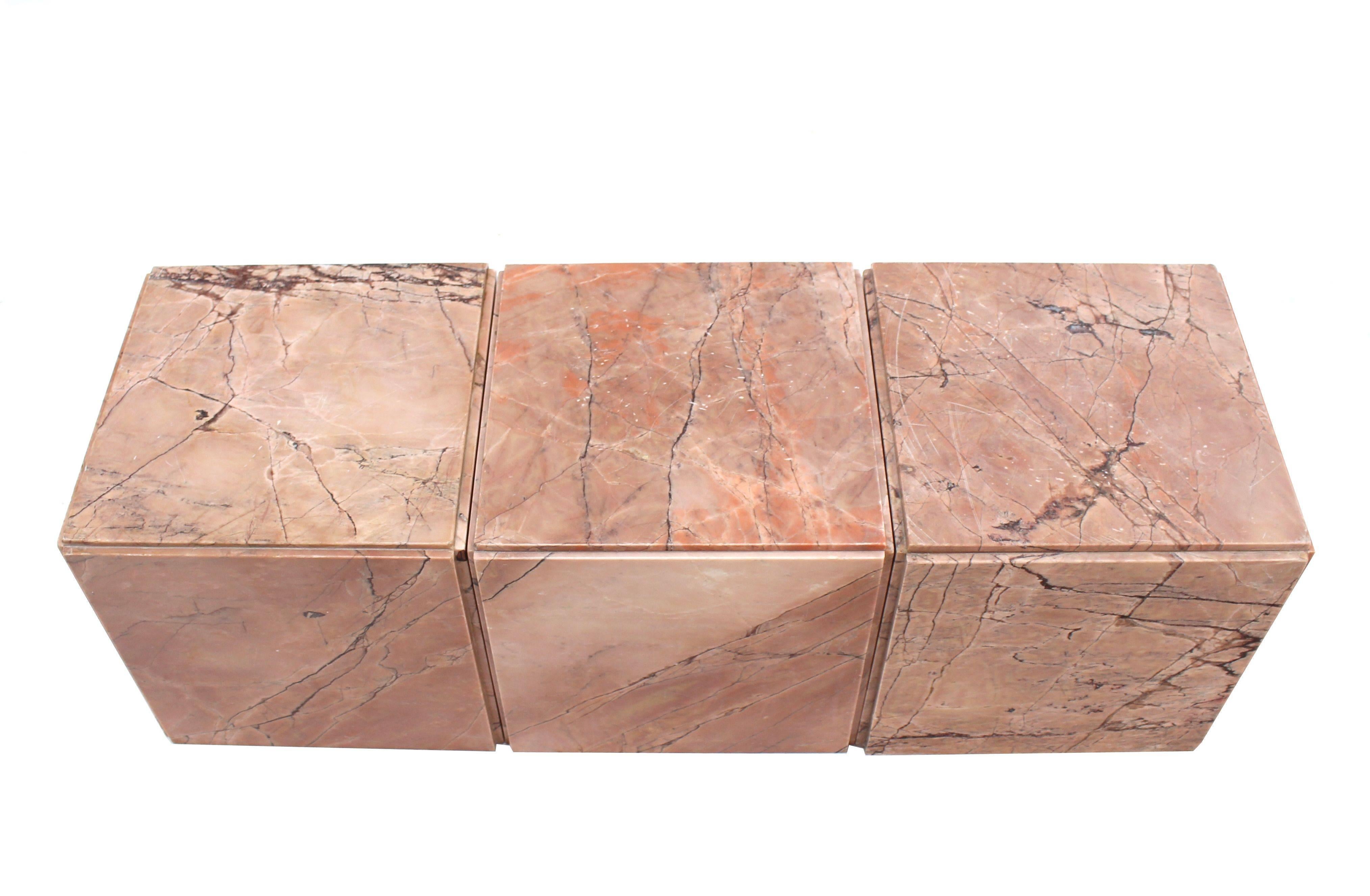 American Set of Three Pink Marble Cube Tables Stands