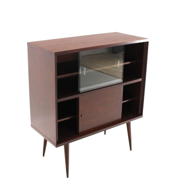 Mid Century Modern Walnut Cabinet With, Modern Bookcase With Glass Doors And Drawers