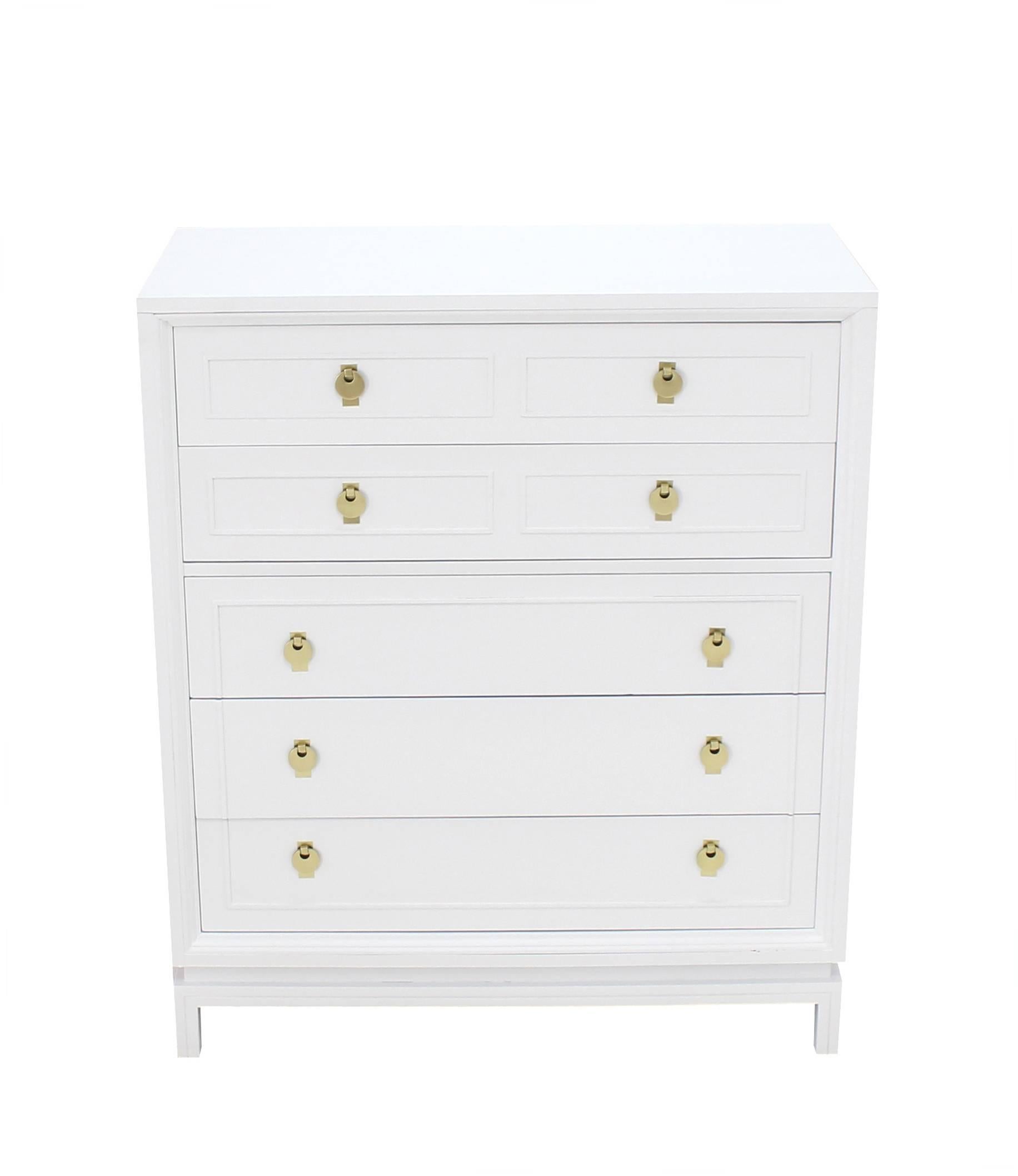 Nice Mid-Century modern white lacquer high chest dresser with brass pulls.