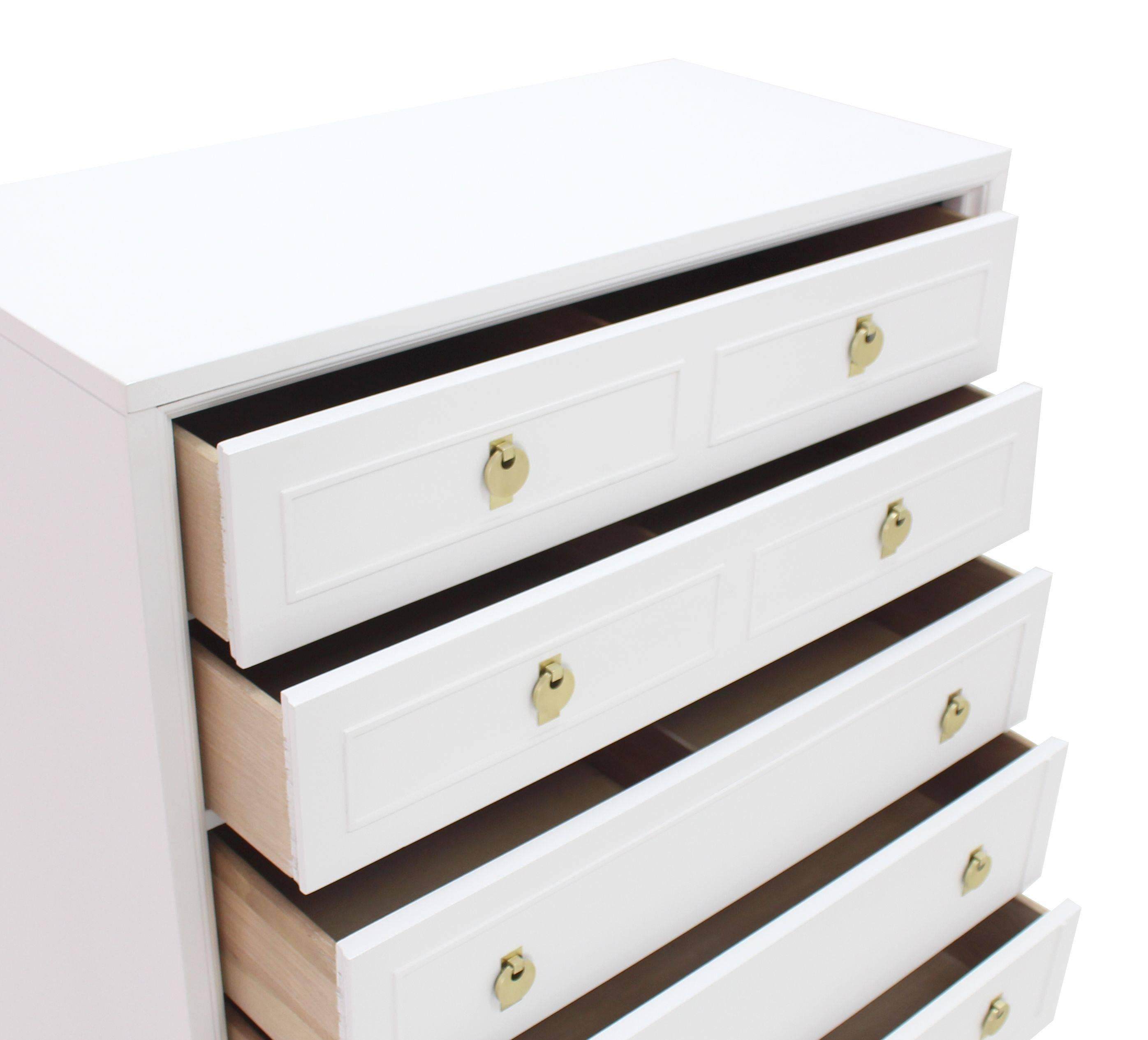 Mid-Century Modern White Lacquer High Chest with Brass Pulls For Sale