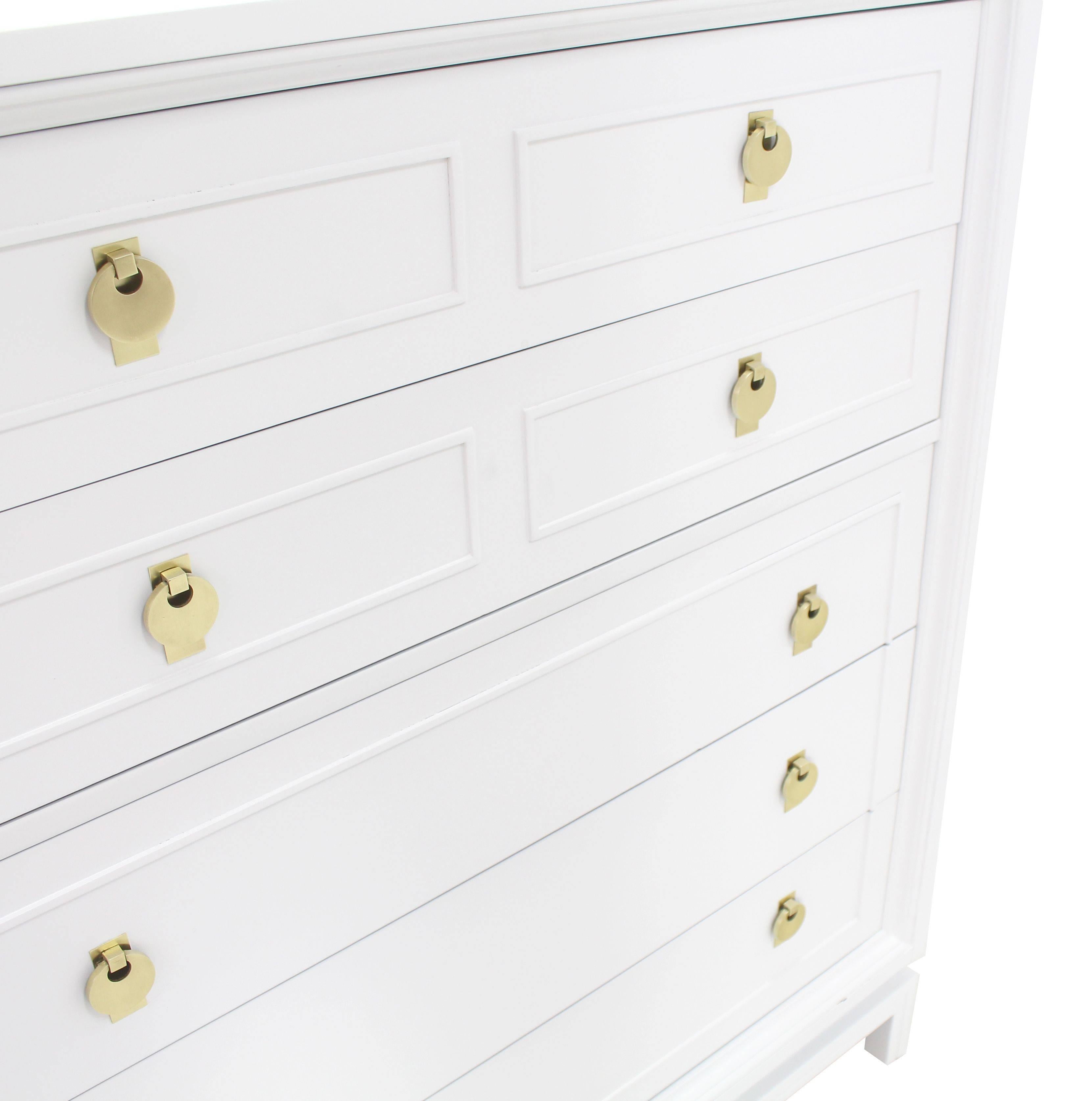 White Lacquer High Chest with Brass Pulls In Excellent Condition For Sale In Rockaway, NJ