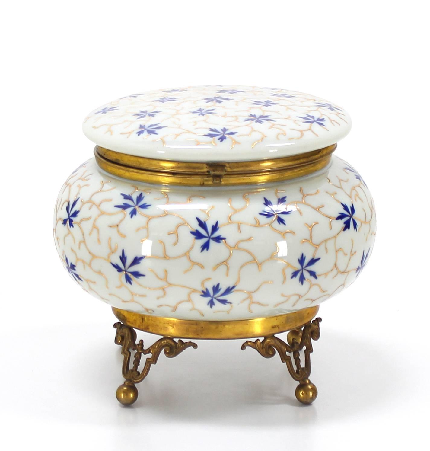 Mid-Century Modern Large Enameled Painted Floral Pattern Art Glass Round Dresser Box For Sale