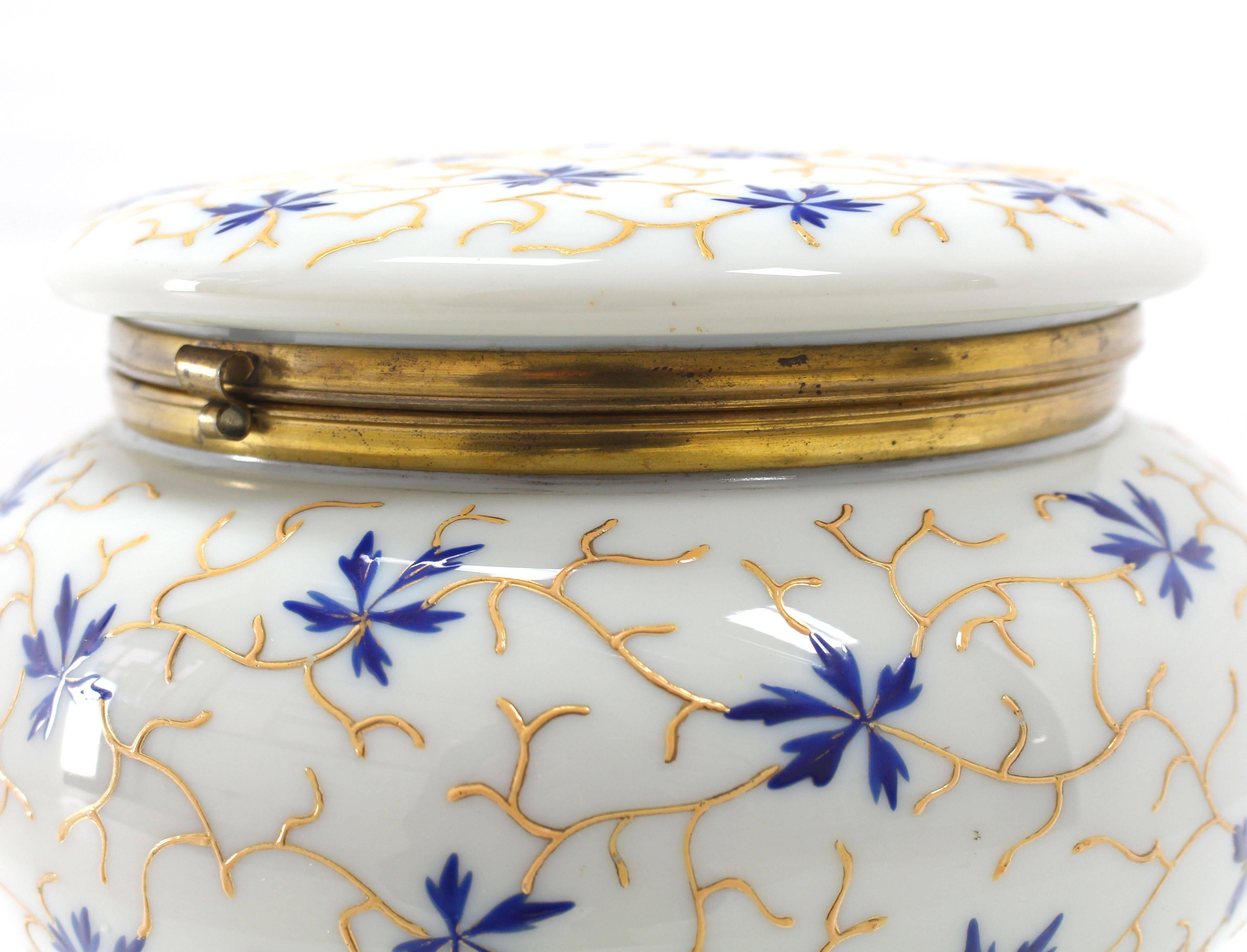 20th Century Large Enameled Painted Floral Pattern Art Glass Round Dresser Box For Sale