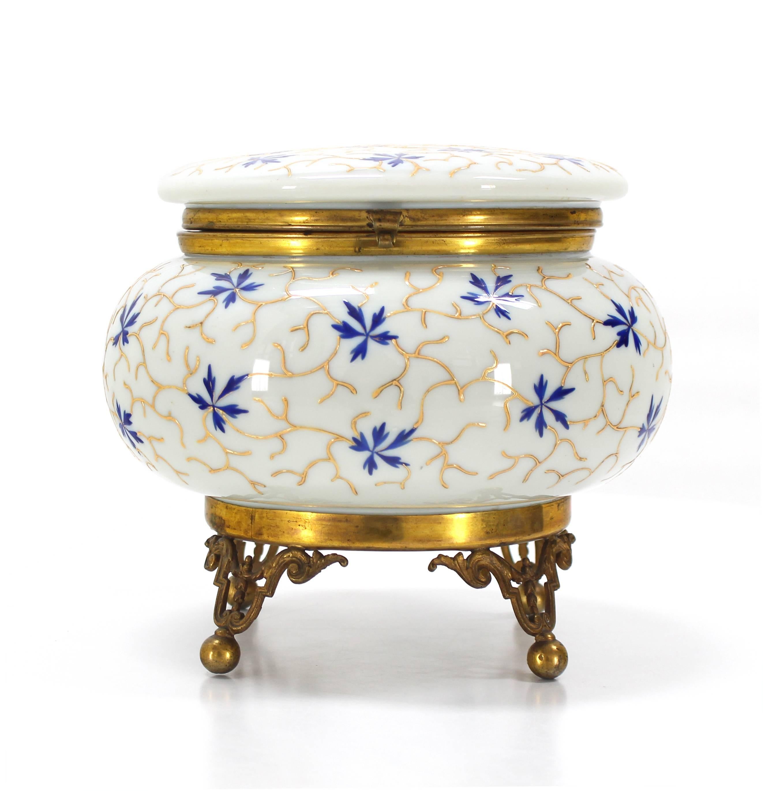Large Enameled Painted Floral Pattern Art Glass Round Dresser Box For Sale 3