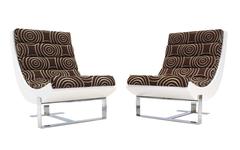 Pair of White Lacquer Chrome Bases Scoop Lounge Chairs Mid Century Modern