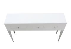 White Lacquer Console Table Cabinet Tall Tempered Legs Bullet Shape Pull 3 Drawe