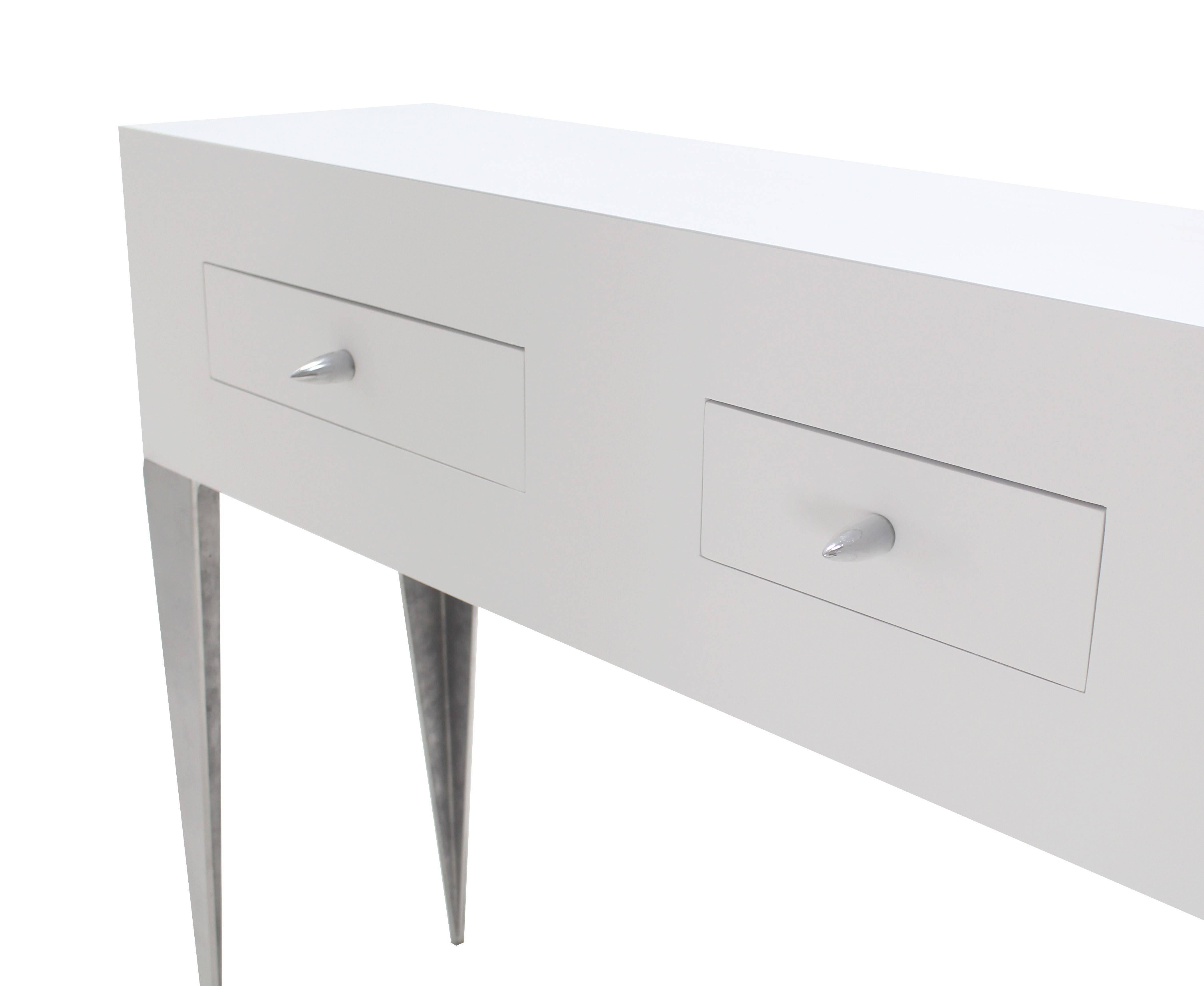 Mid-Century Modern White Lacquer Console Table Cabinet Tall Tempered Legs Bullet Shape Pull 3 Drawe