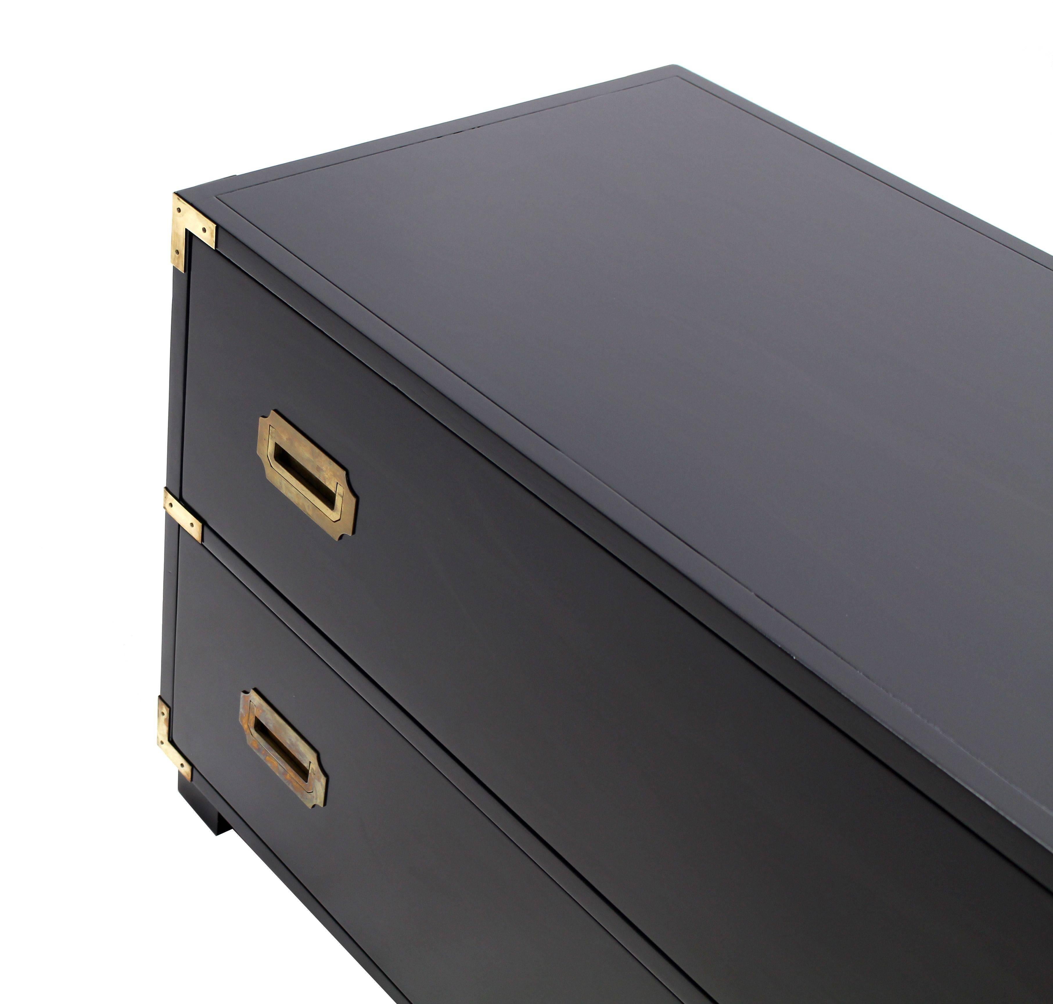 Lacquered Two Drawer Baker  Low Campaign Chest of Drawers Brass Pulls Hardware