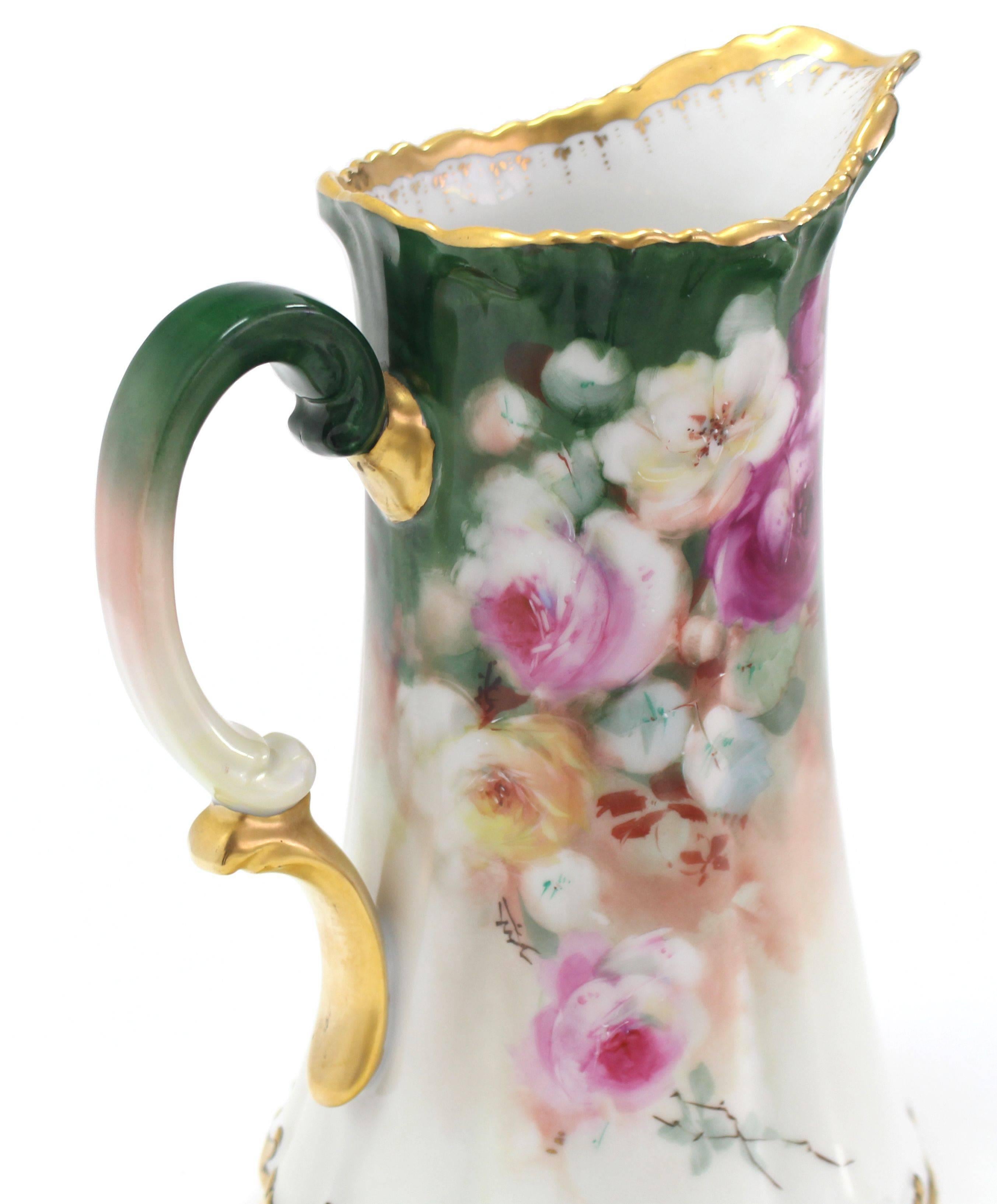 American T&V France Floral Vase Shape Flower Painted Porcelain Pitcher
