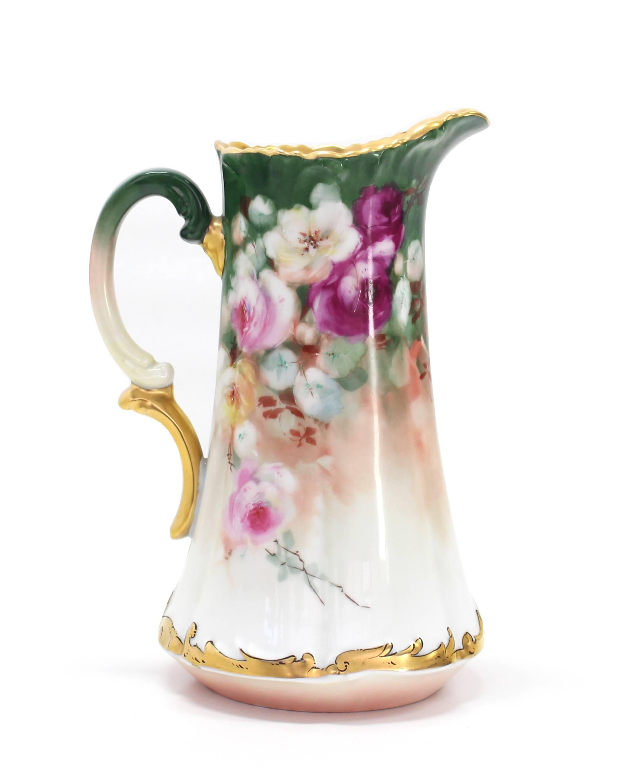 T&V France Floral Vase Shape Flower Painted Porcelain Pitcher In Excellent Condition In Rockaway, NJ