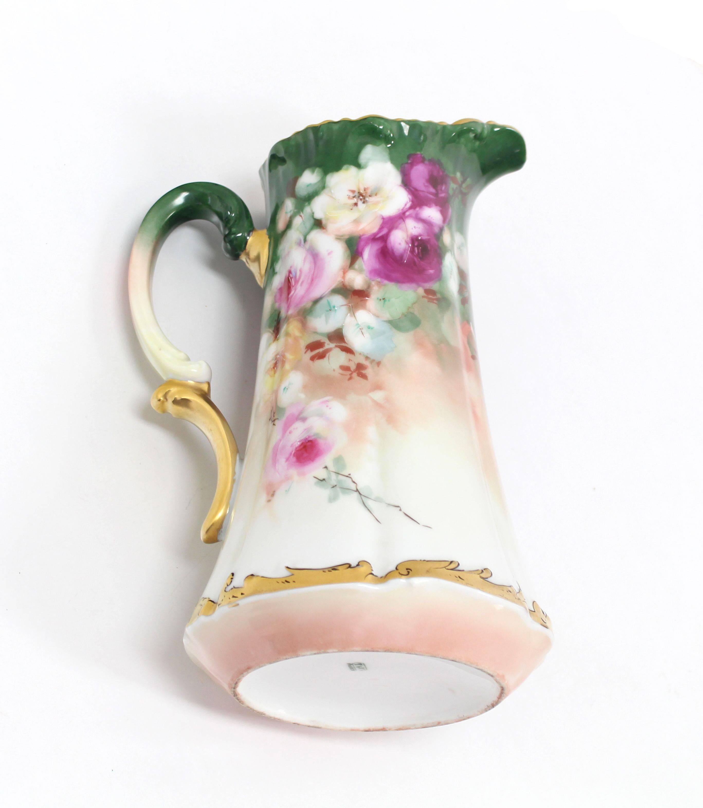20th Century T&V France Floral Vase Shape Flower Painted Porcelain Pitcher
