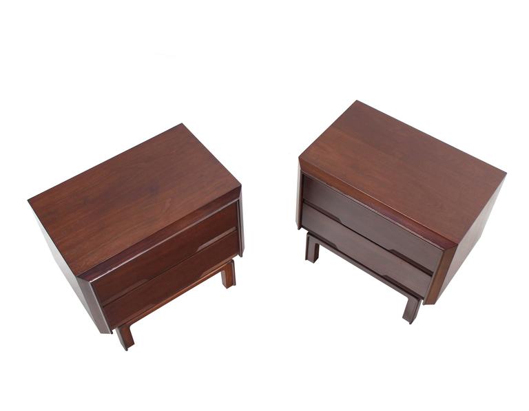 American Pair of Danish Mid Century Modern Walnut End Tables Two Drawer Stands For Sale