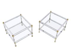Pair of Glass Chrome Brass Square Mid-Century Modern End Tables