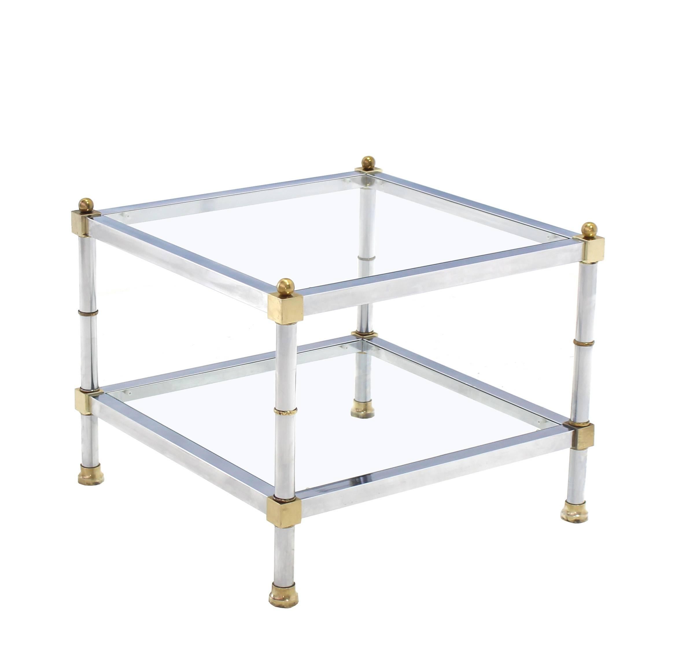 American Pair of Glass Chrome Brass Square Mid-Century Modern End Tables For Sale