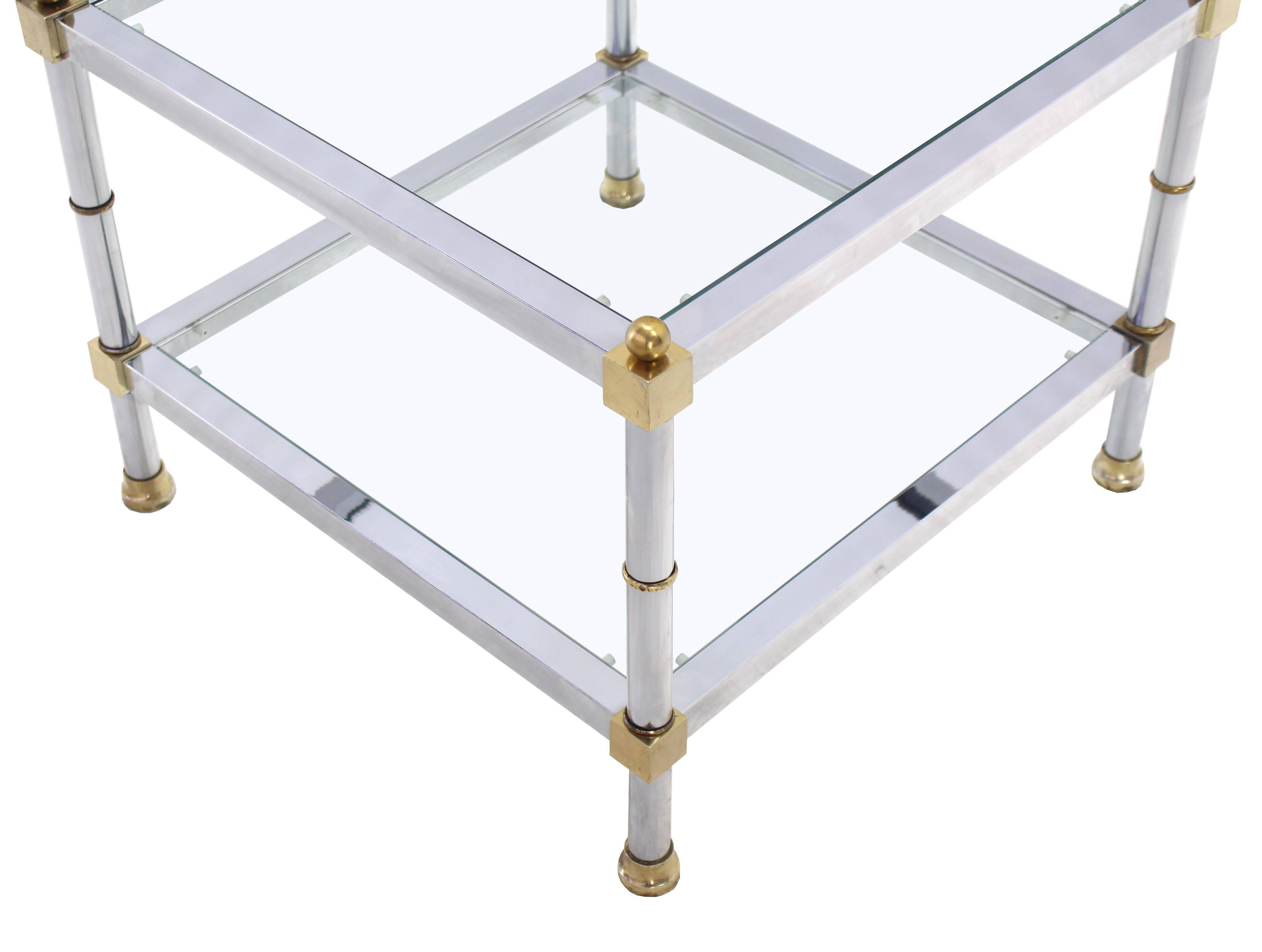 Pair of Glass Chrome Brass Square Mid-Century Modern End Tables For Sale 2