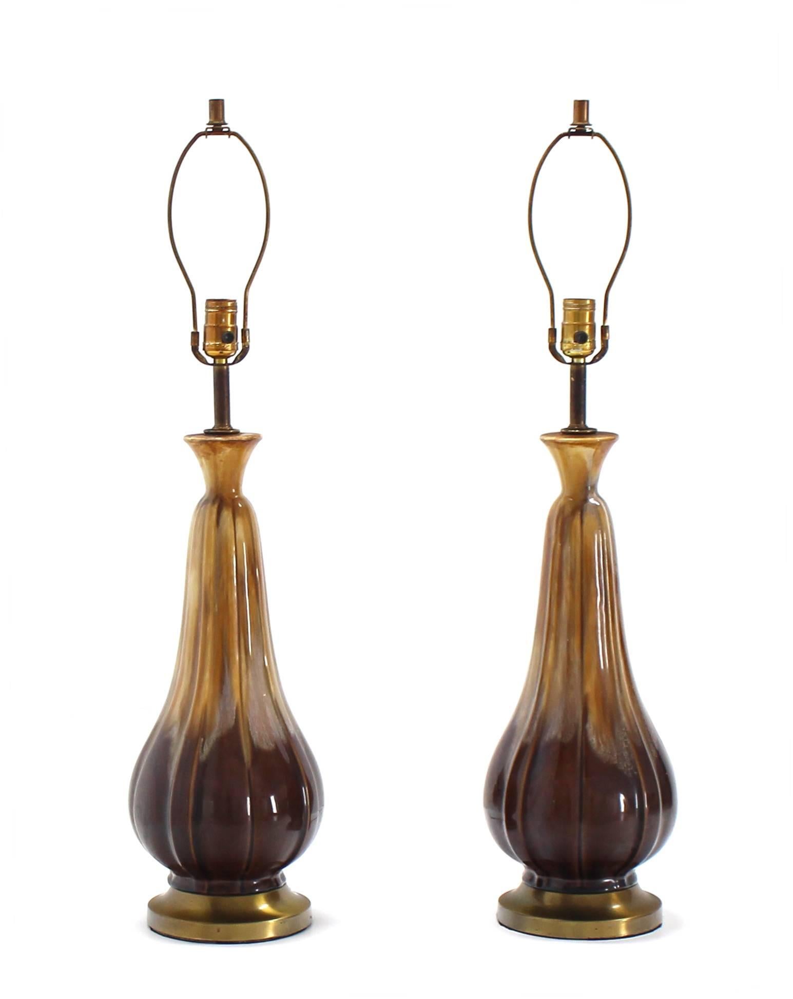 American Pair of Mid Century Modern Glazed Brown Pottery Table Lamps