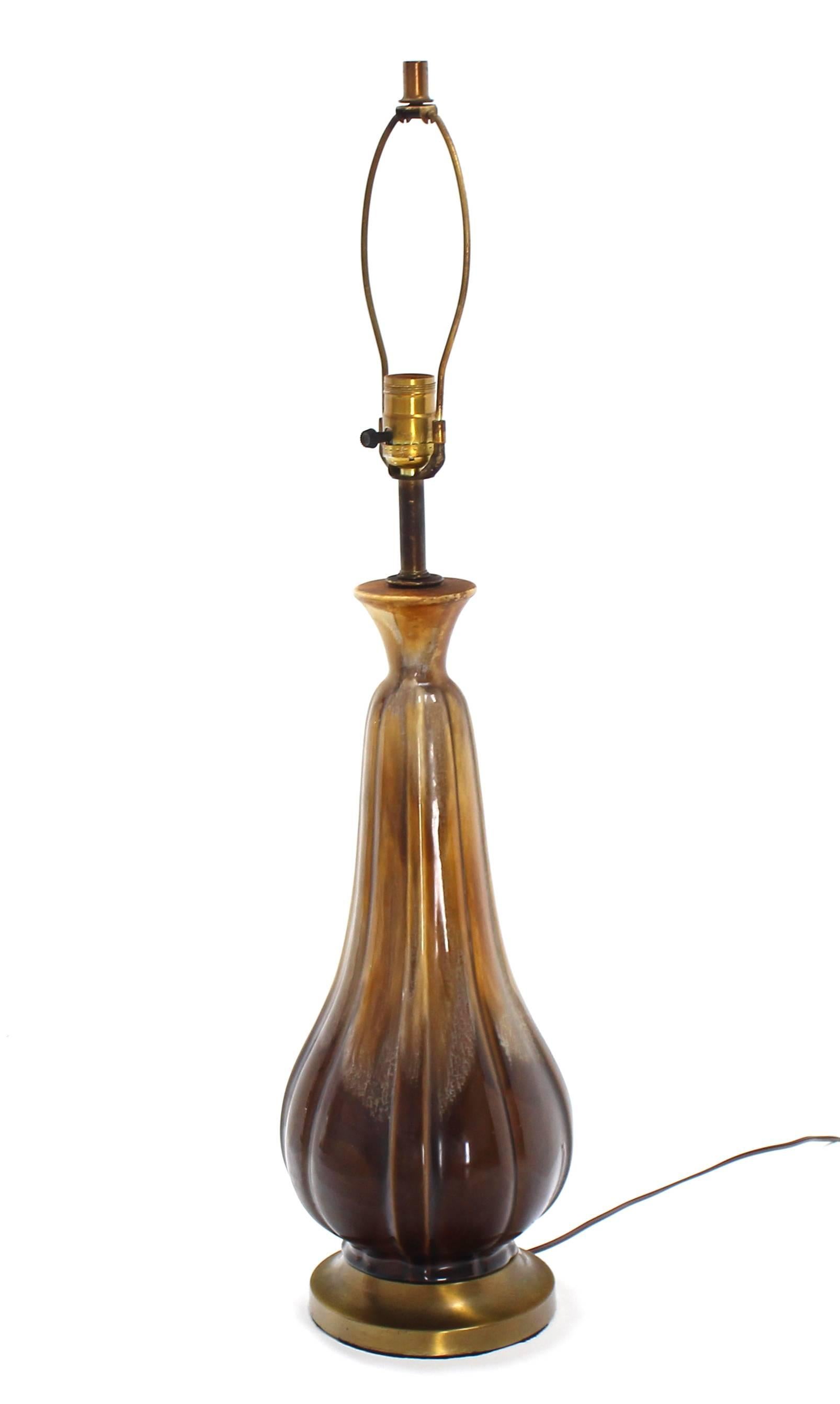 Brass Pair of Mid Century Modern Glazed Brown Pottery Table Lamps