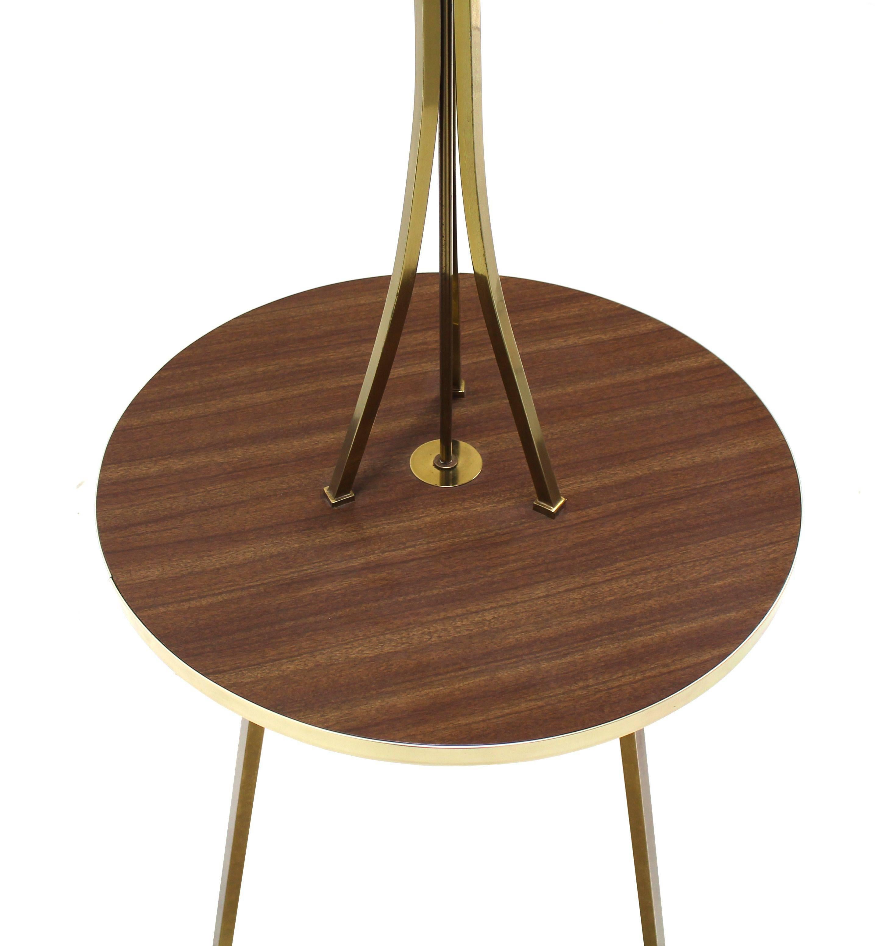 Mid-Century Modern Brass Tri Leg Tripod Base Round Side Table Floor Lamp For Sale