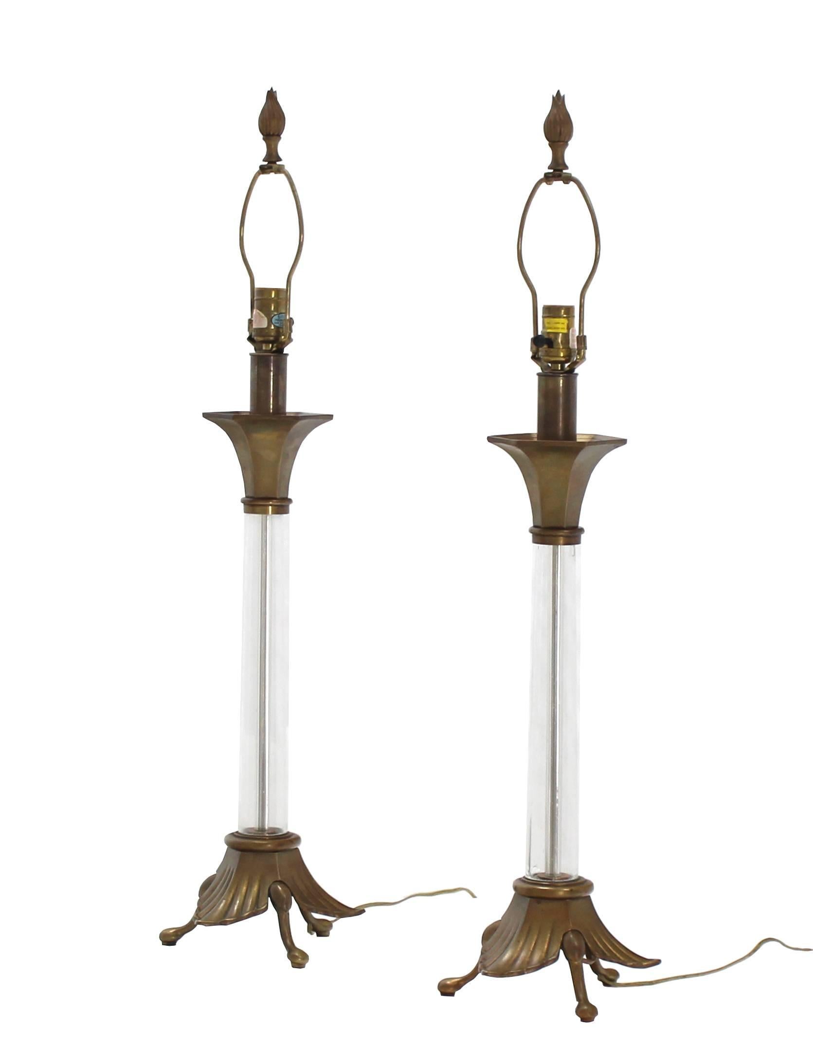 Pair of Chapman Art Deco Nouveau Brass and Glass Table Lamps Mid Century Modern 2