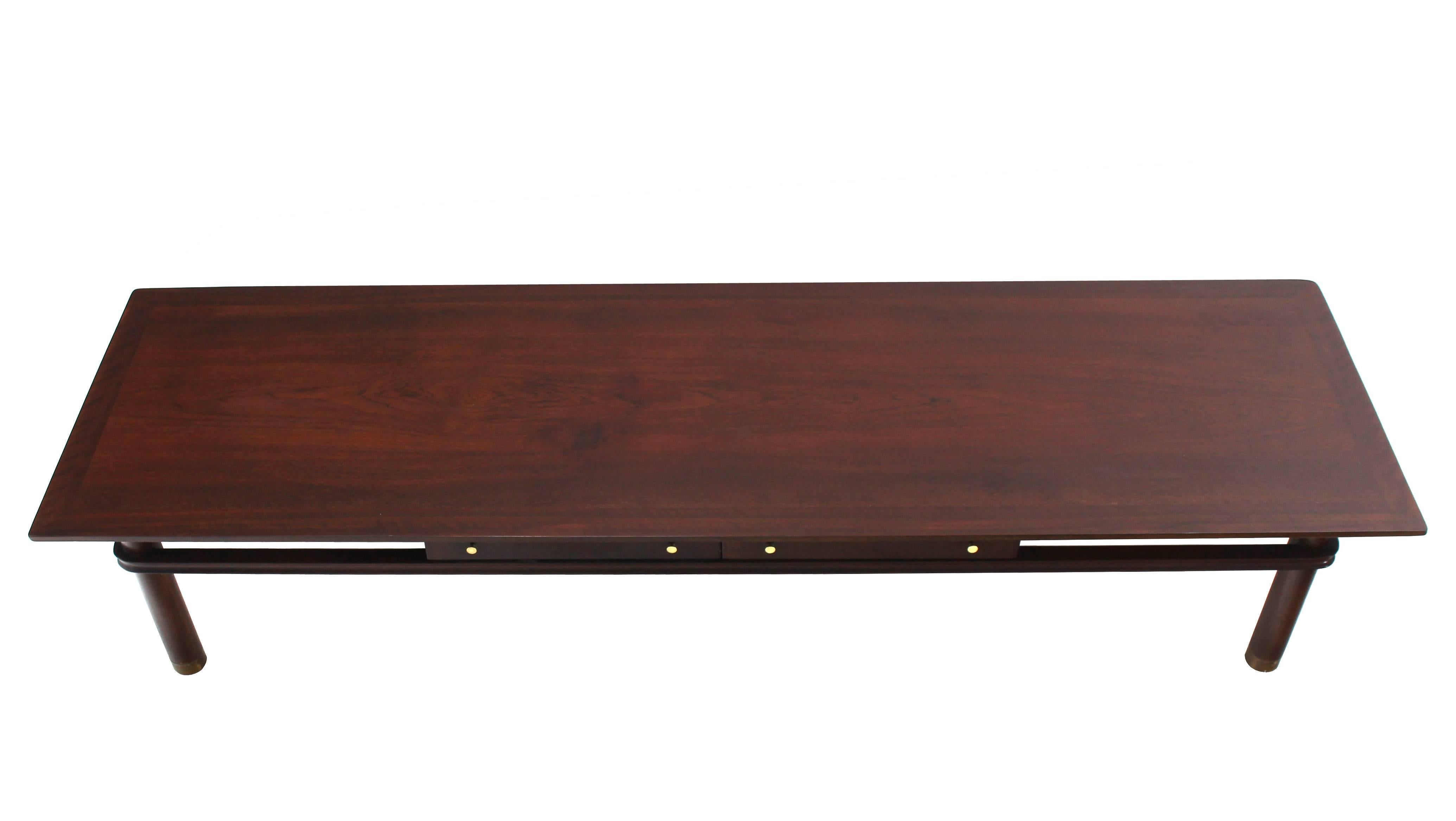 Lacquered Long Mid Century Modern Walnut Coffee Table with Two Drawers For Sale