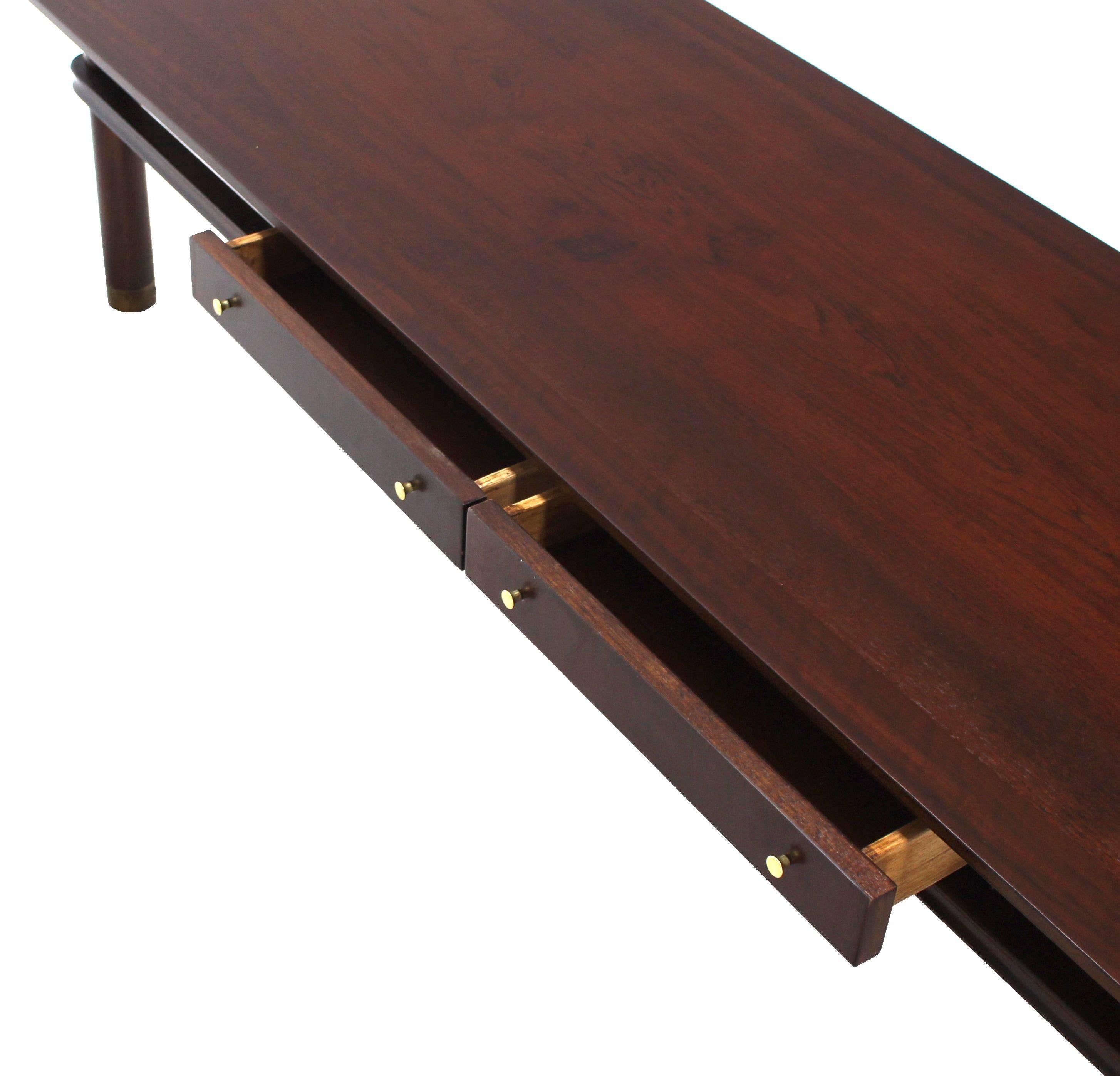 Long Mid Century Modern Walnut Coffee Table with Two Drawers In Excellent Condition For Sale In Rockaway, NJ