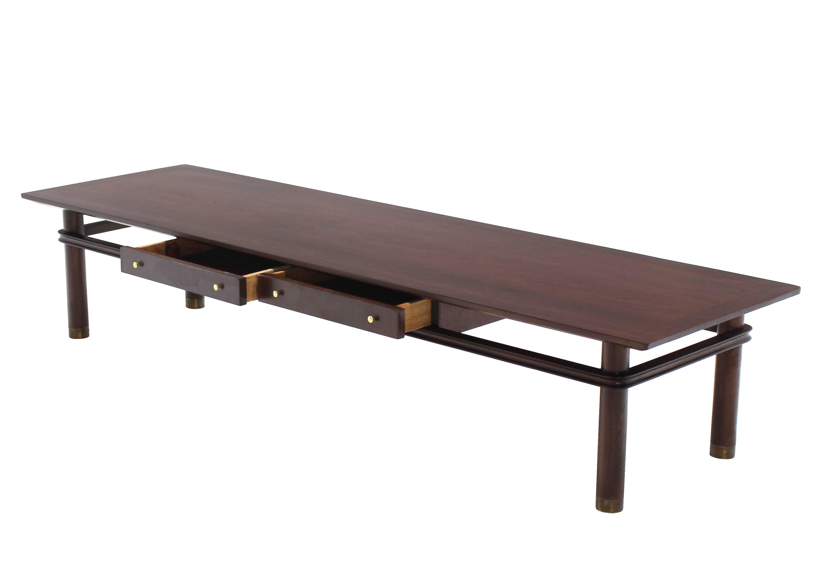 20th Century Long Mid Century Modern Walnut Coffee Table with Two Drawers For Sale