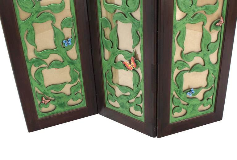 Lacquered Decorative Carved and Upholstered Screen Room Divider For Sale